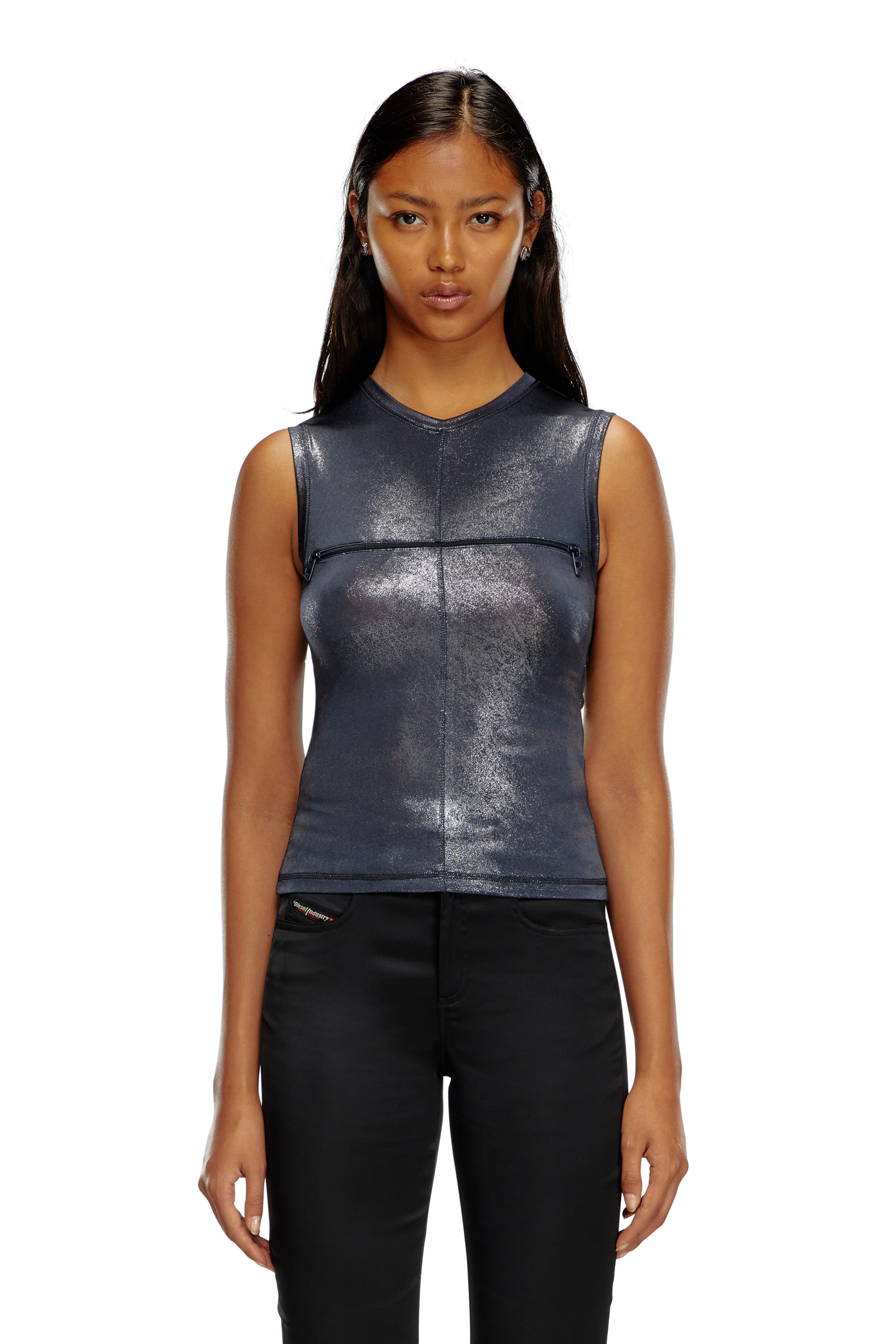 Diesel - T-VEZZY, Female's Metallic tank top with chest slit in ブルー - 5