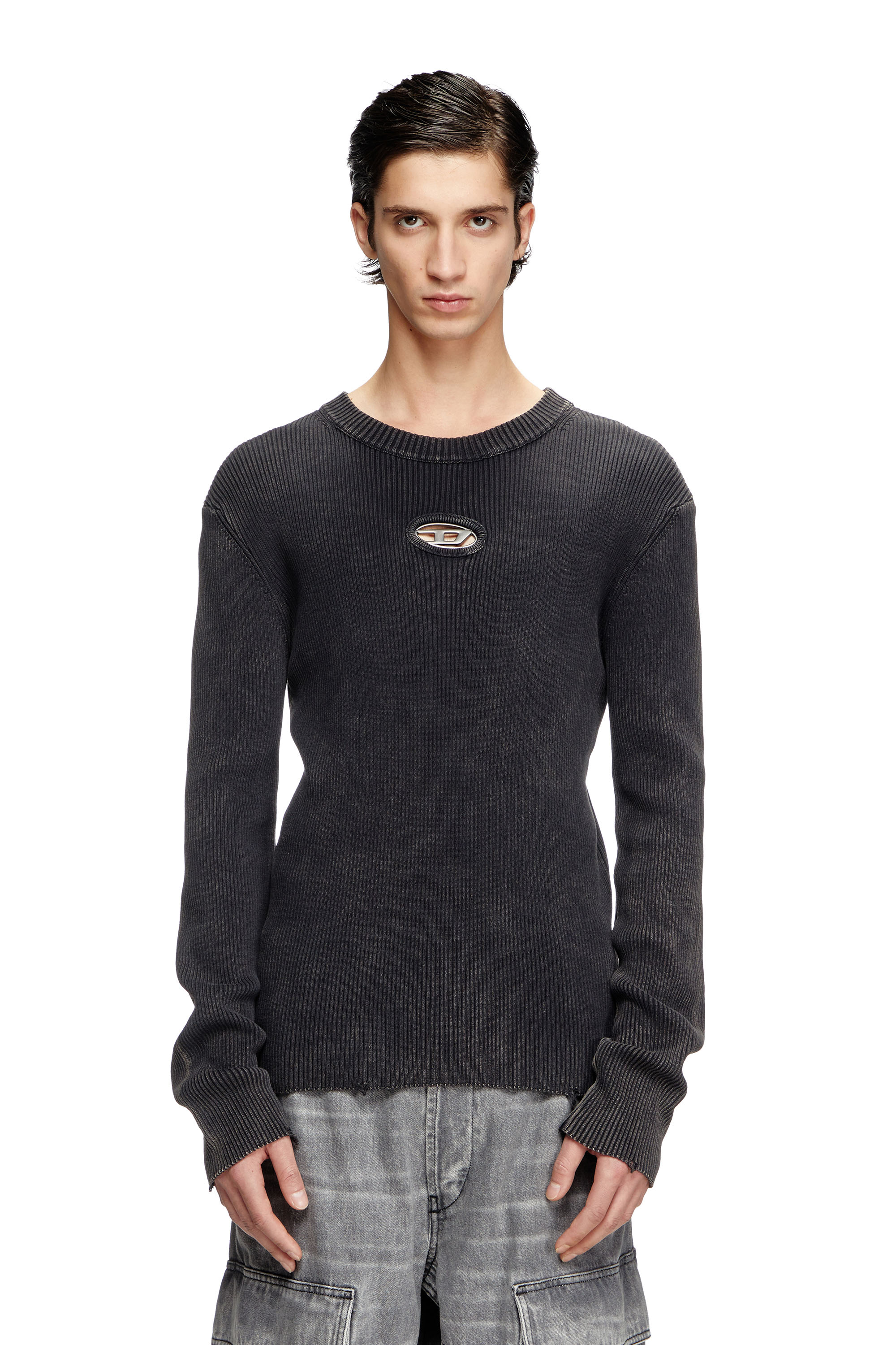 Diesel - K-DARIN-D, Male's Distressed jumper with cut-out logo in ブラック - 1