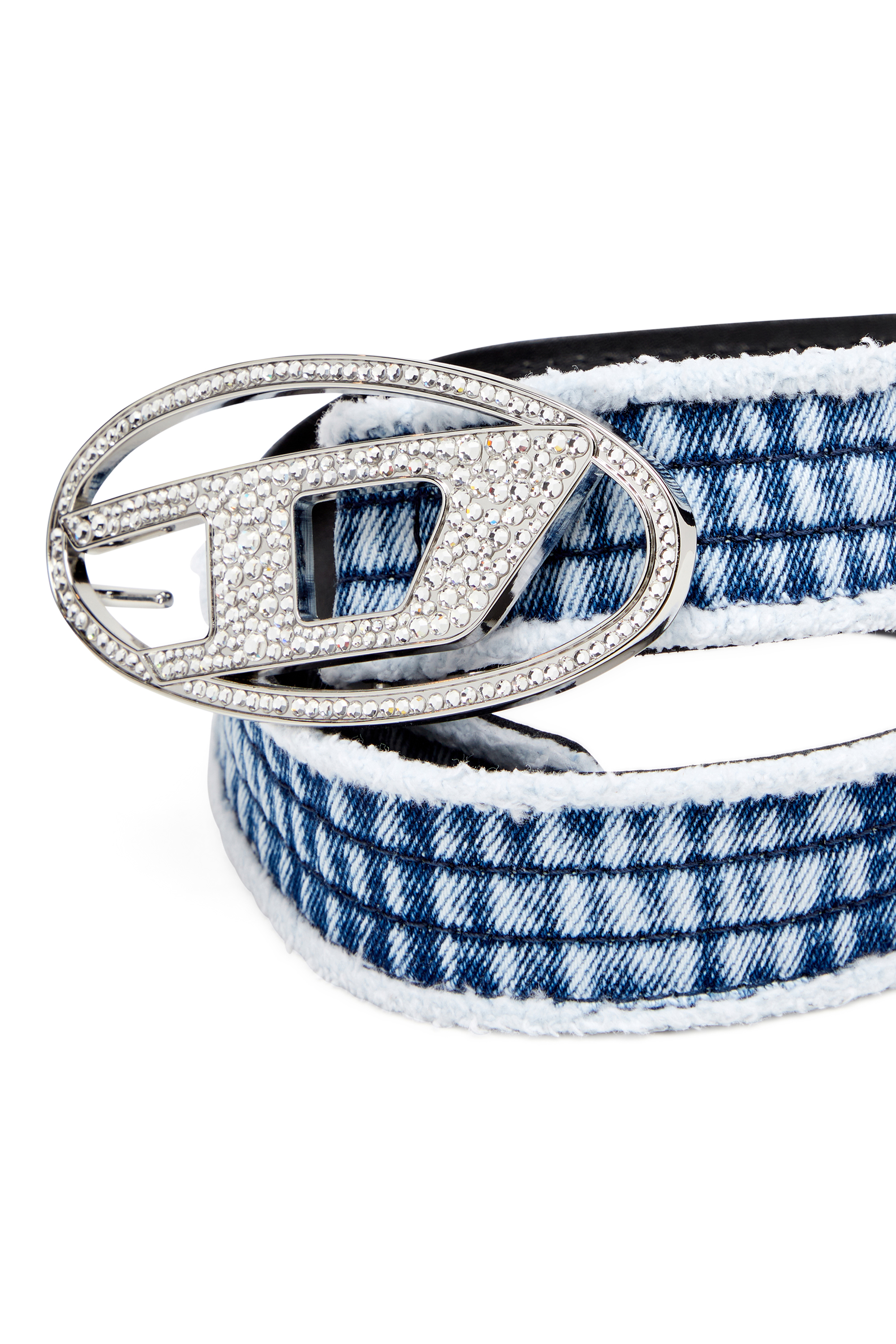 Diesel - B-1DR STRASS, Female's Denim and leather belt with crystal buckle in ブルー - 3