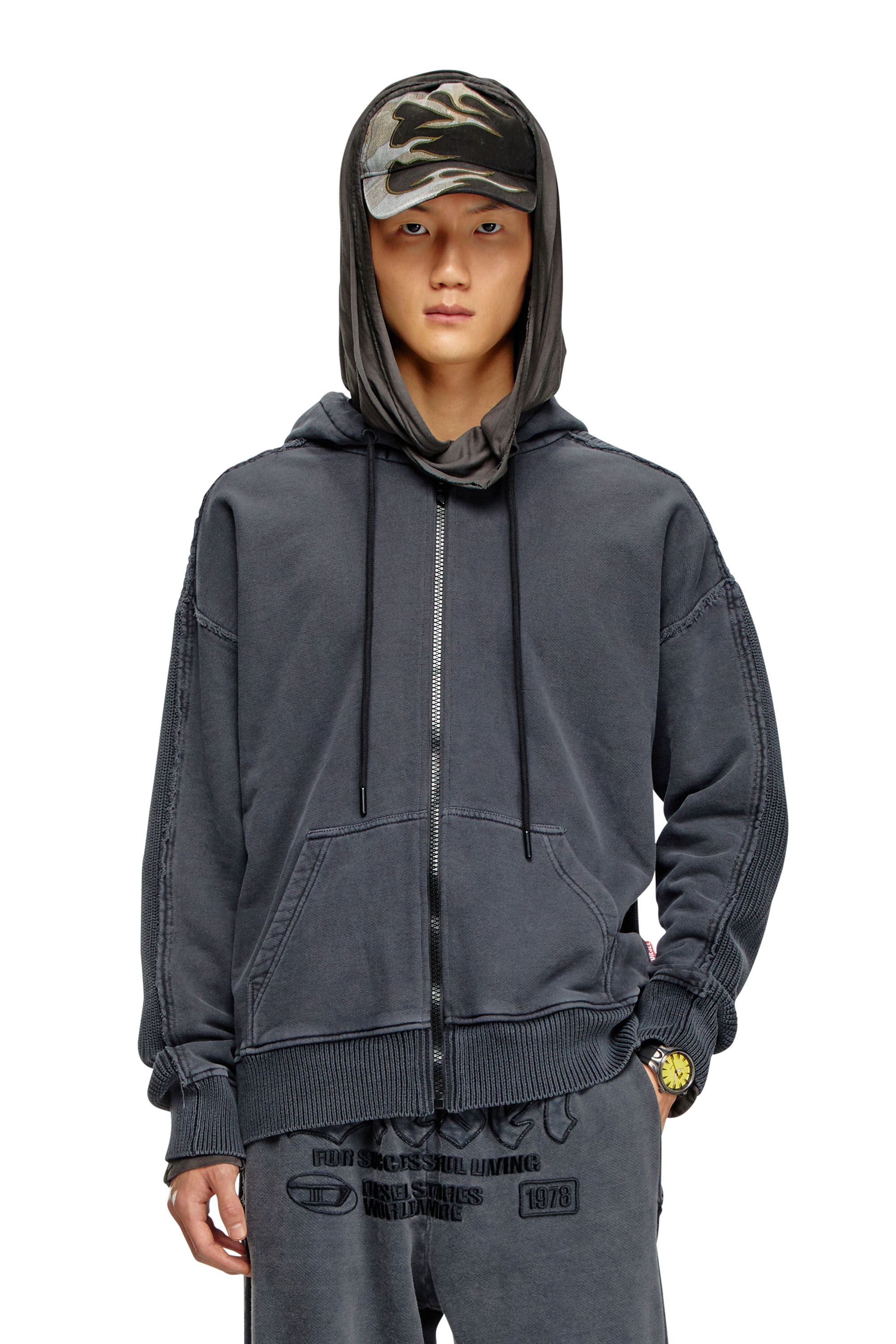 Diesel - K-OBERTO, Male Hybrid jersey and knit hoodie in グレー - Image 1