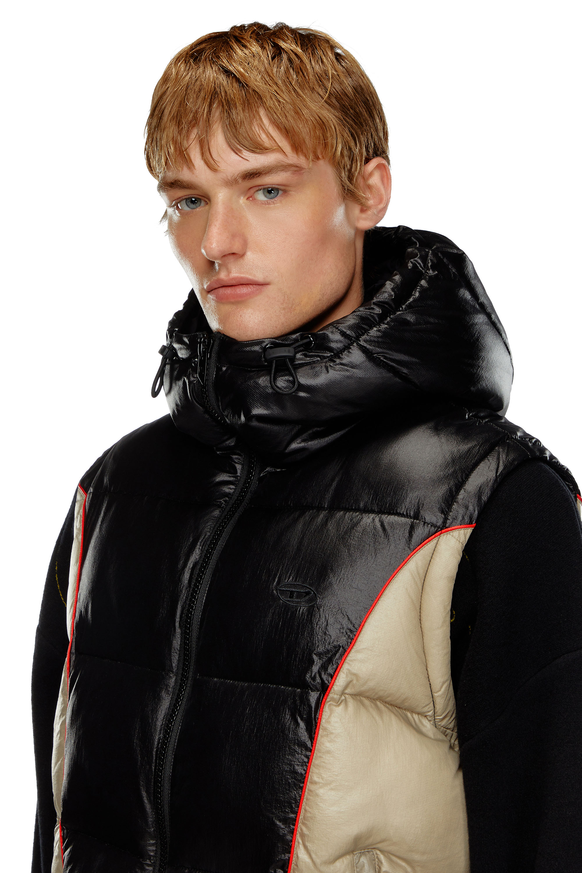 Diesel - W-OSTEND-SL, Male's Hooded puffer vest in shiny ripstop in ブラック/ベージュ - 5