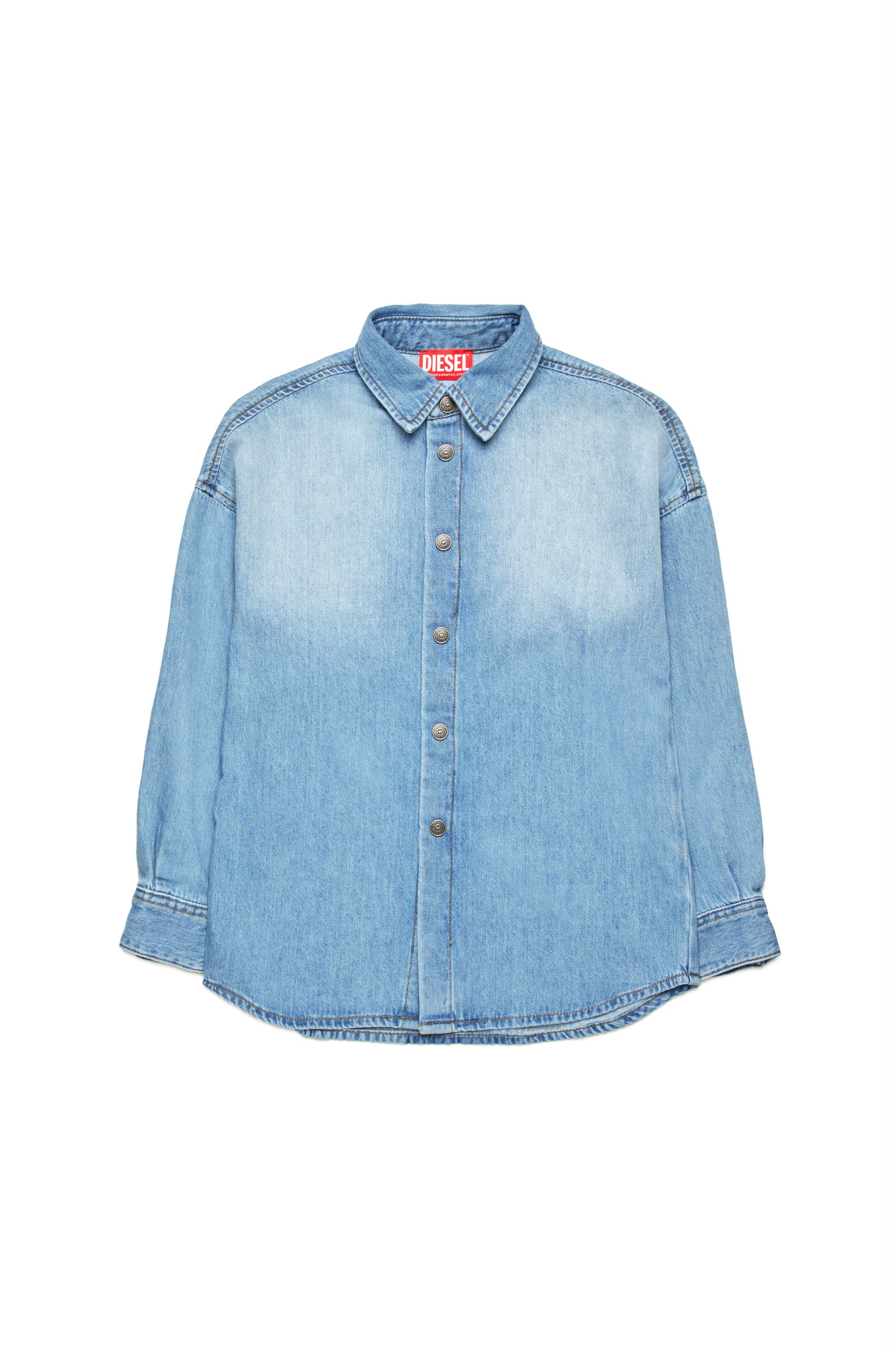 Diesel - CKAMA, Male's Denim shirt with frayed Oval D logo in ライトブルー - 1