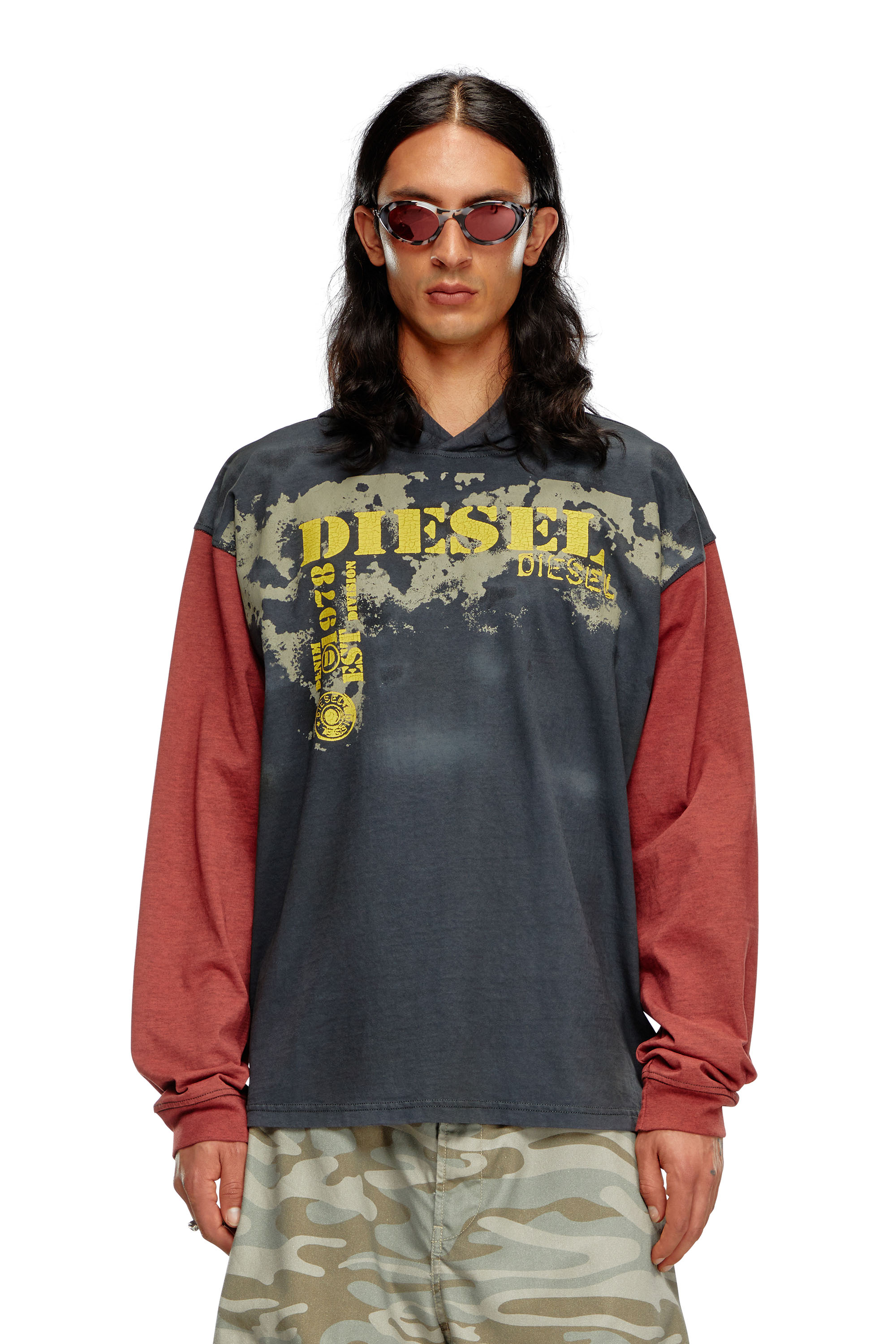 Diesel - T-BOXT-LS-HOOD, Male Dirty-effect hooded long-sleeve T-shirt in グレー - Image 1