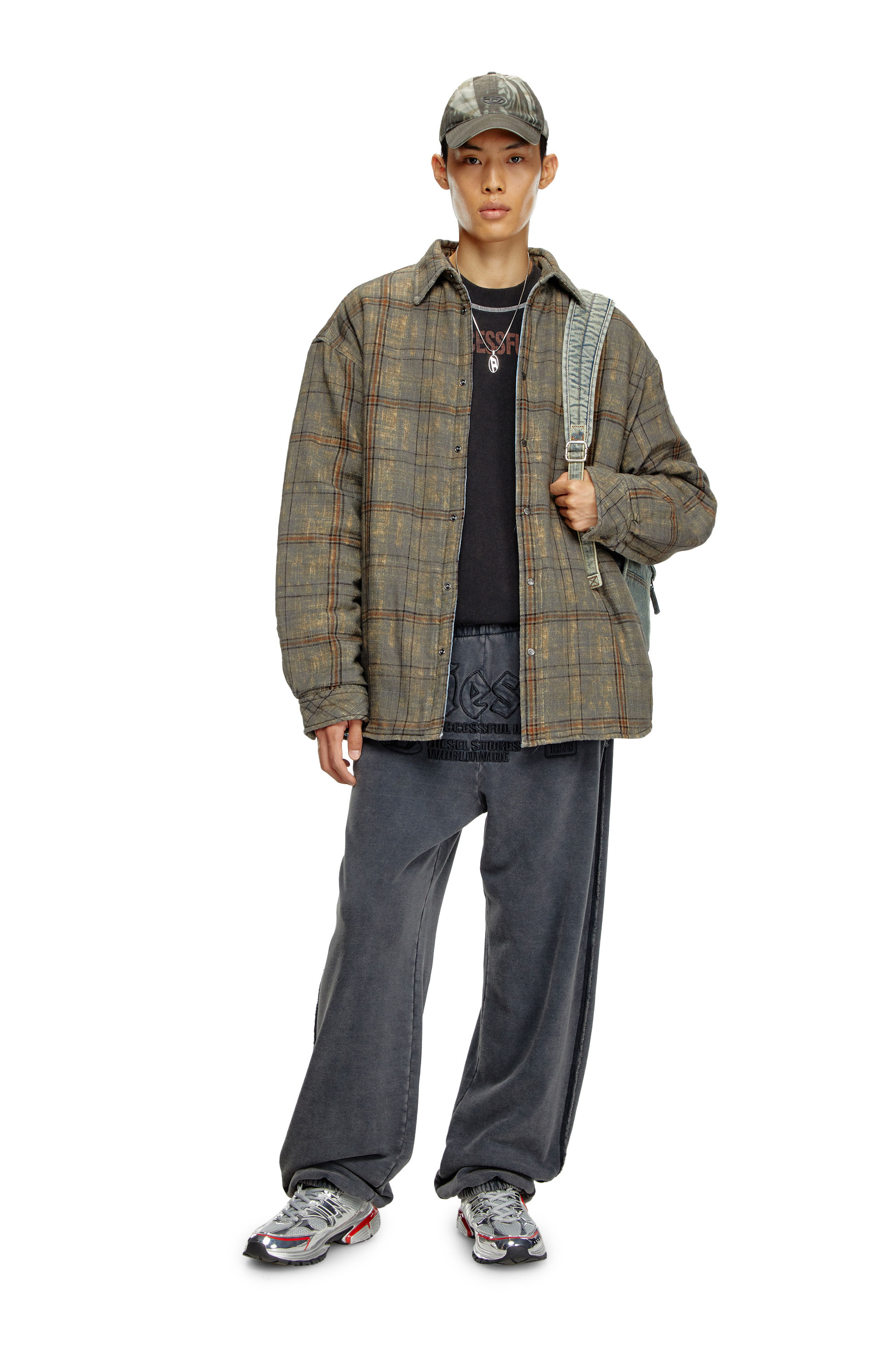 Diesel - S-HAMME, Male's Padded jacket in checked slub cotton in グリーン/ブラウン - 2