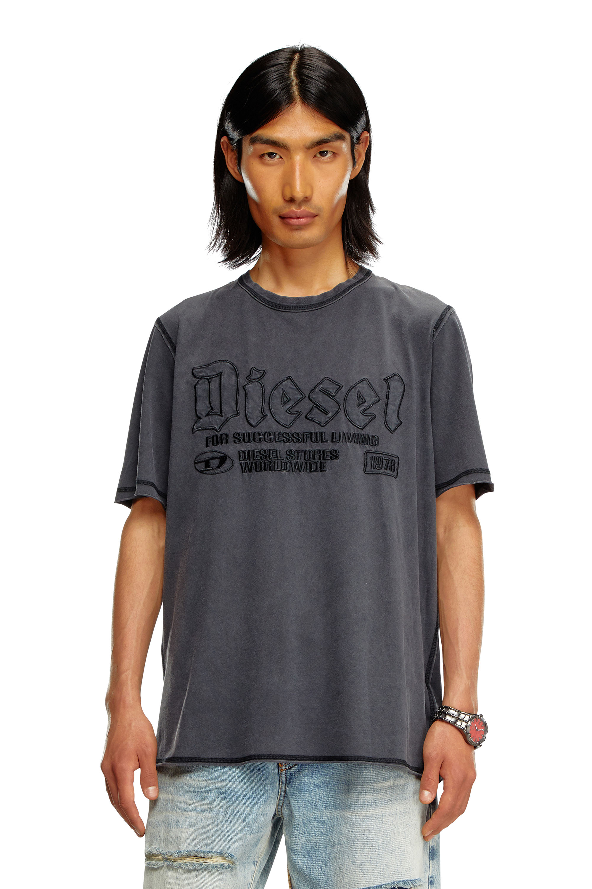 Diesel - T-RAWJUST, Male Faded T-shirt with tonal embroidery in ブラック - Image 1