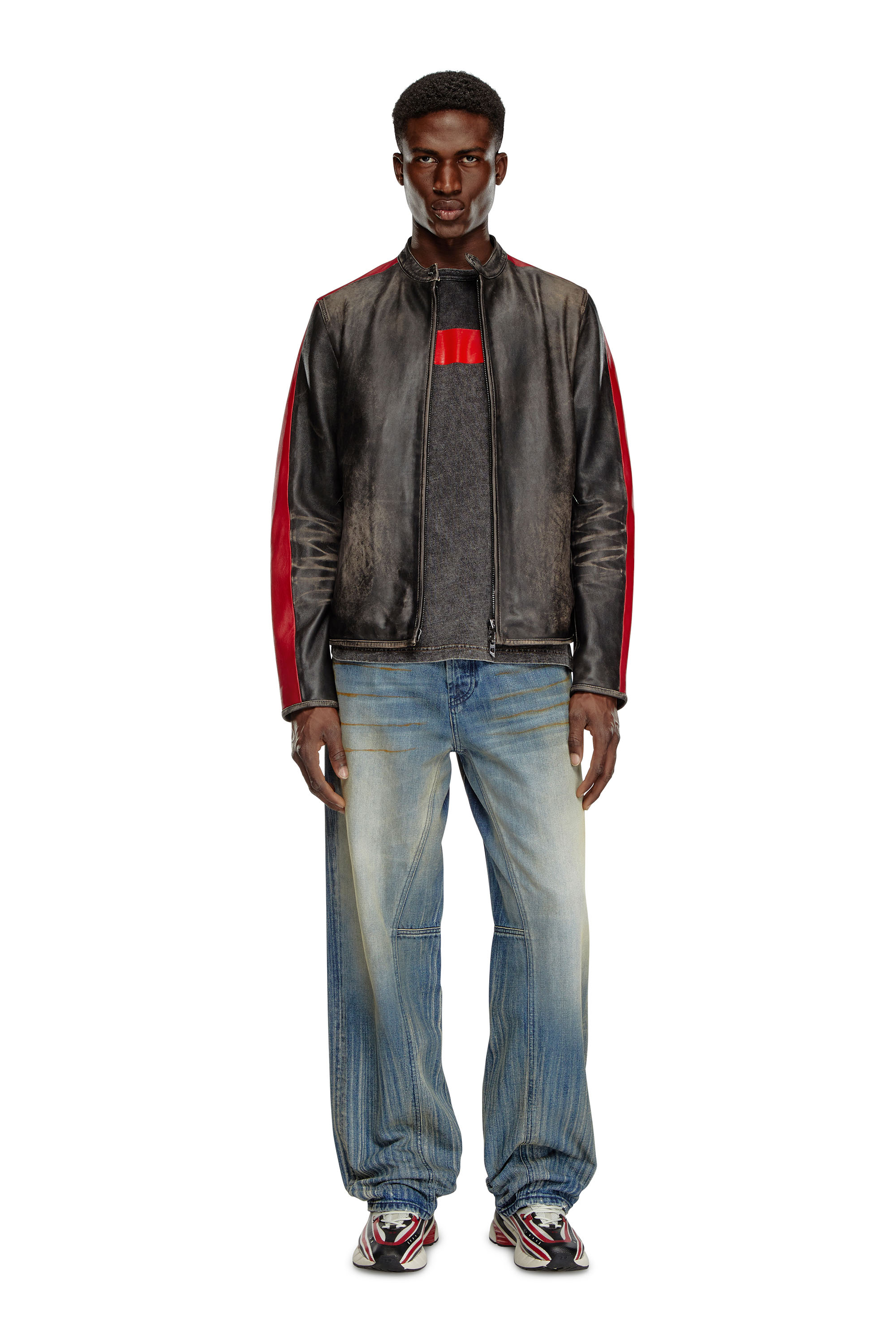 Diesel - L-RENN, Male Leather jacket with contrasting stripes in マルチカラー - Image 2
