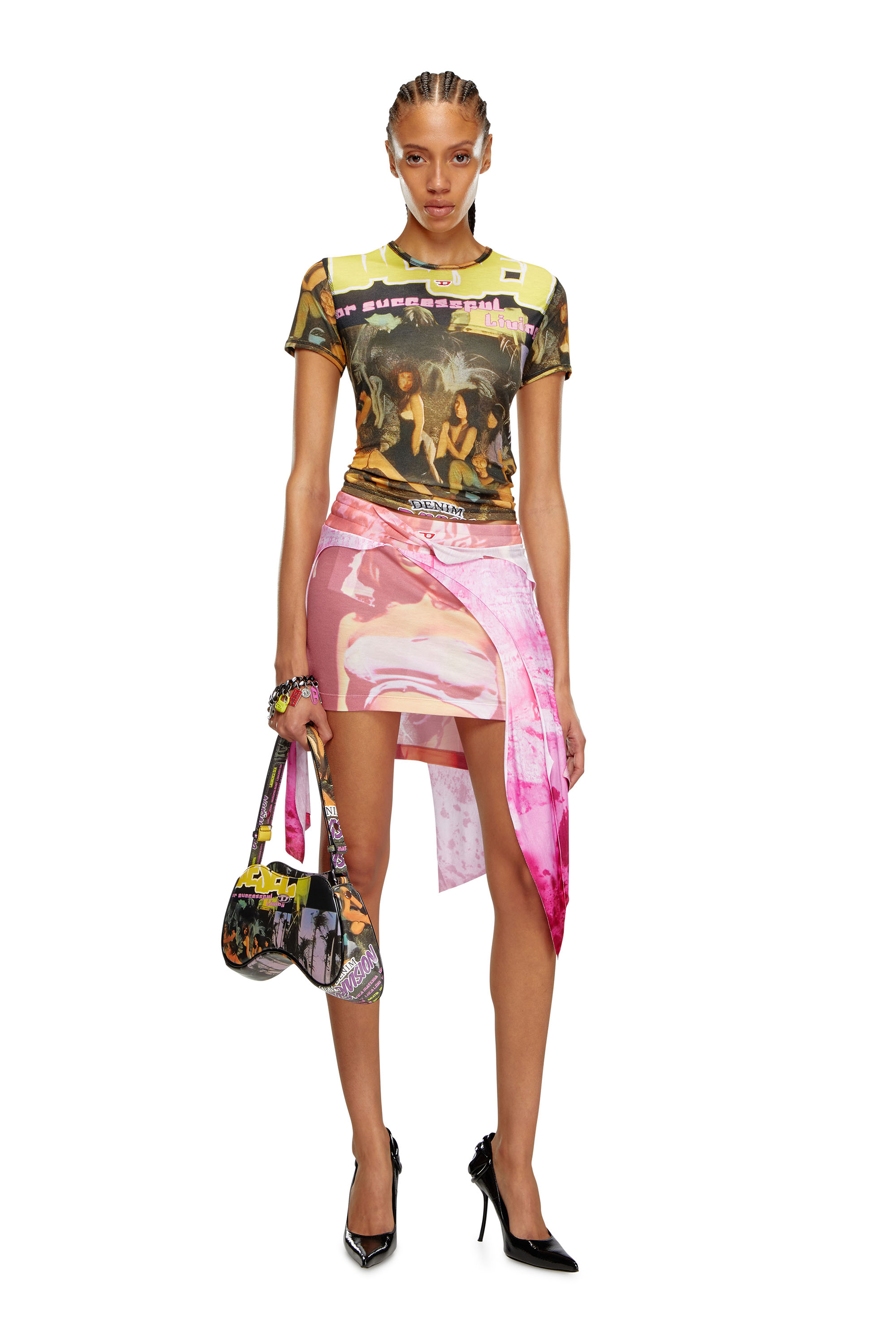 Diesel - O-MALOR-P1, Female Asymmetric mini skirt in printed jersey in ピンク - Image 1