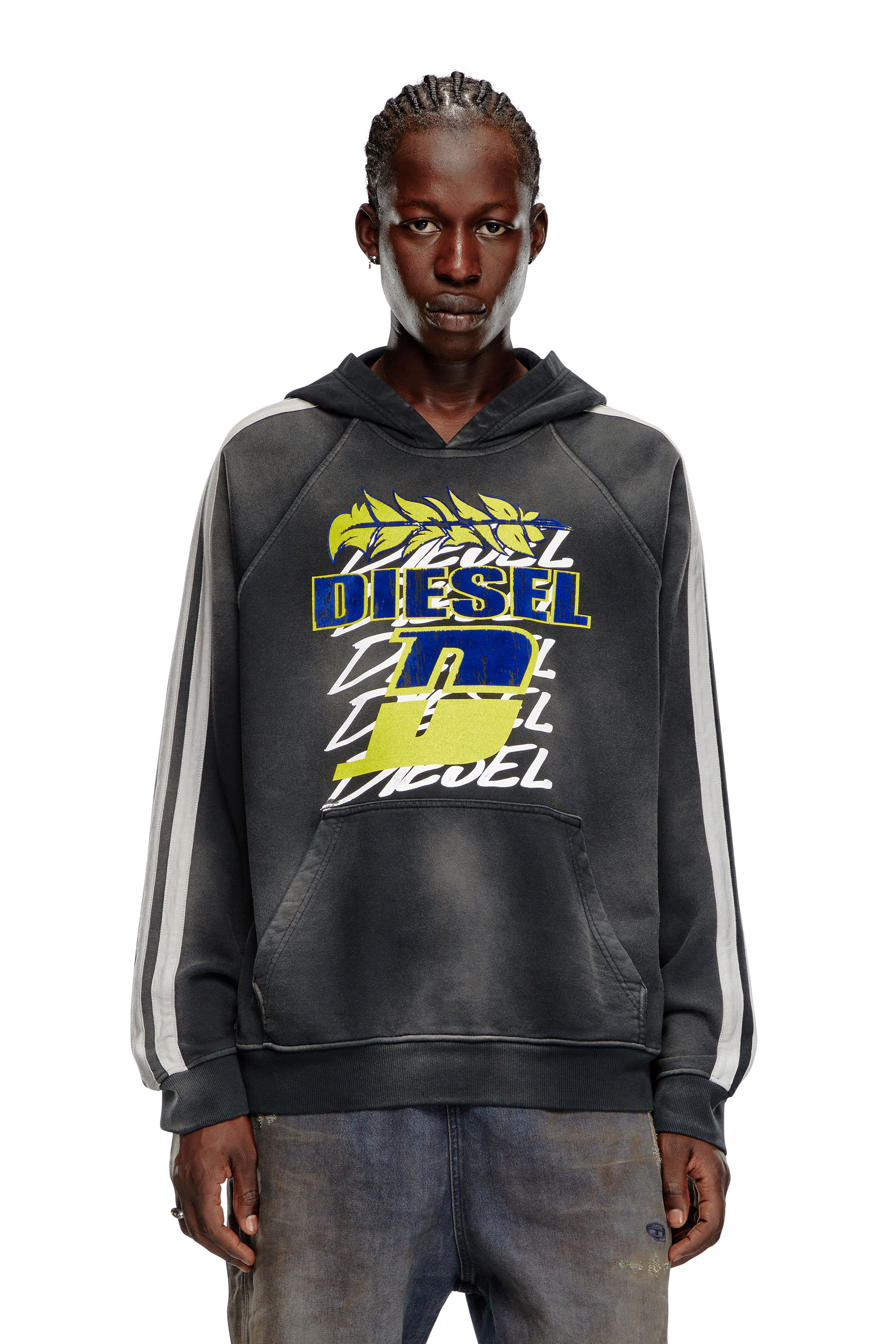 Diesel - S-ROXT-HOOD-STRIPE, Male Treated cotton hoodie with layered prints in マルチカラー - Image 5