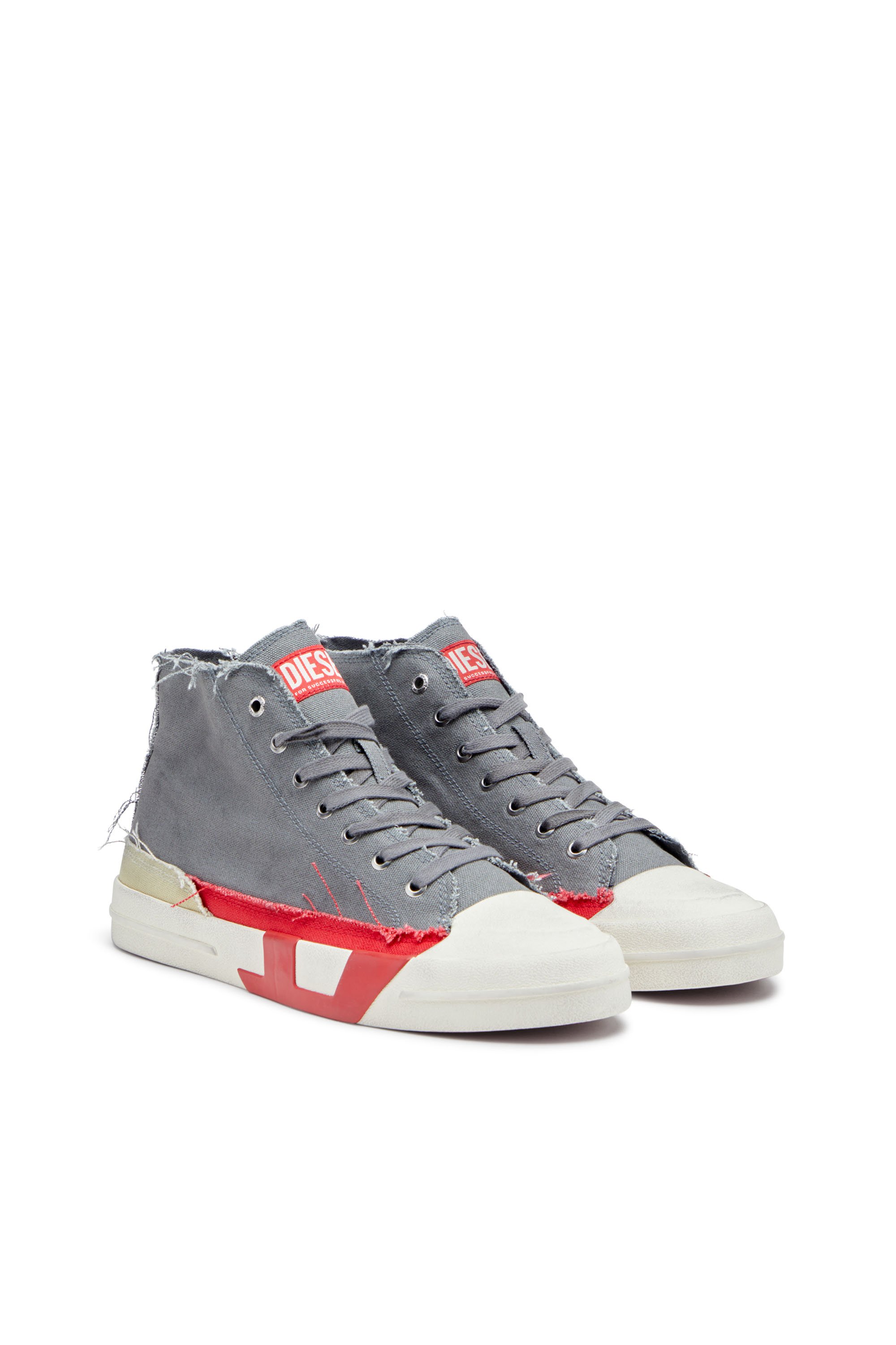 Diesel - S-D-VERSE MID, Male's S-D-Verse-Dirty-effect high-top canvas sneakers in グレー/レッド - 2