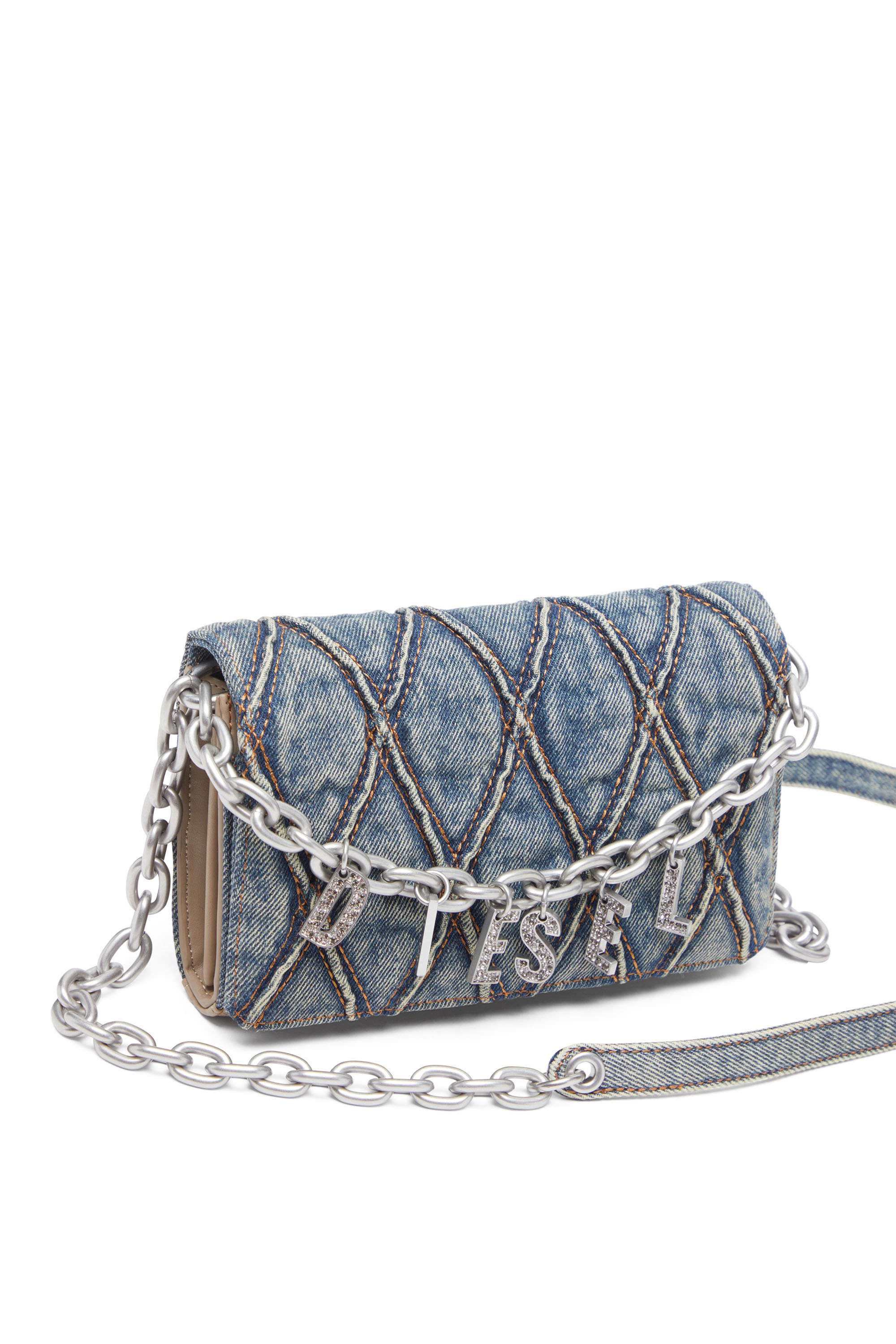 Diesel - CHARM-D WALLET STRAP, Female's Wallet purse in argyle quilted denim in ブルー - 5