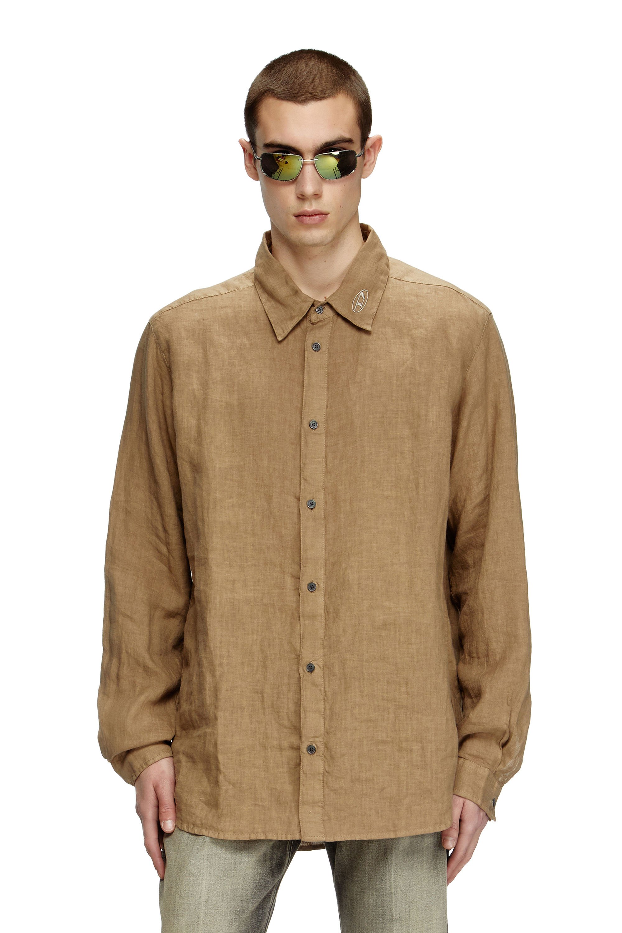 Diesel - S-WERP, Male's Linen shirt with logo collar in null - 1