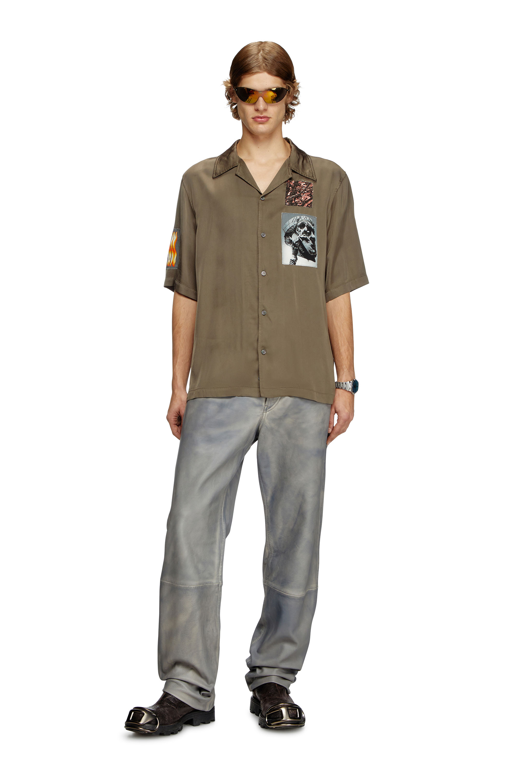 Diesel - S-DAXHE, Male's Short-sleeve satin shirt with patches in ミリタリーグリーン - 2