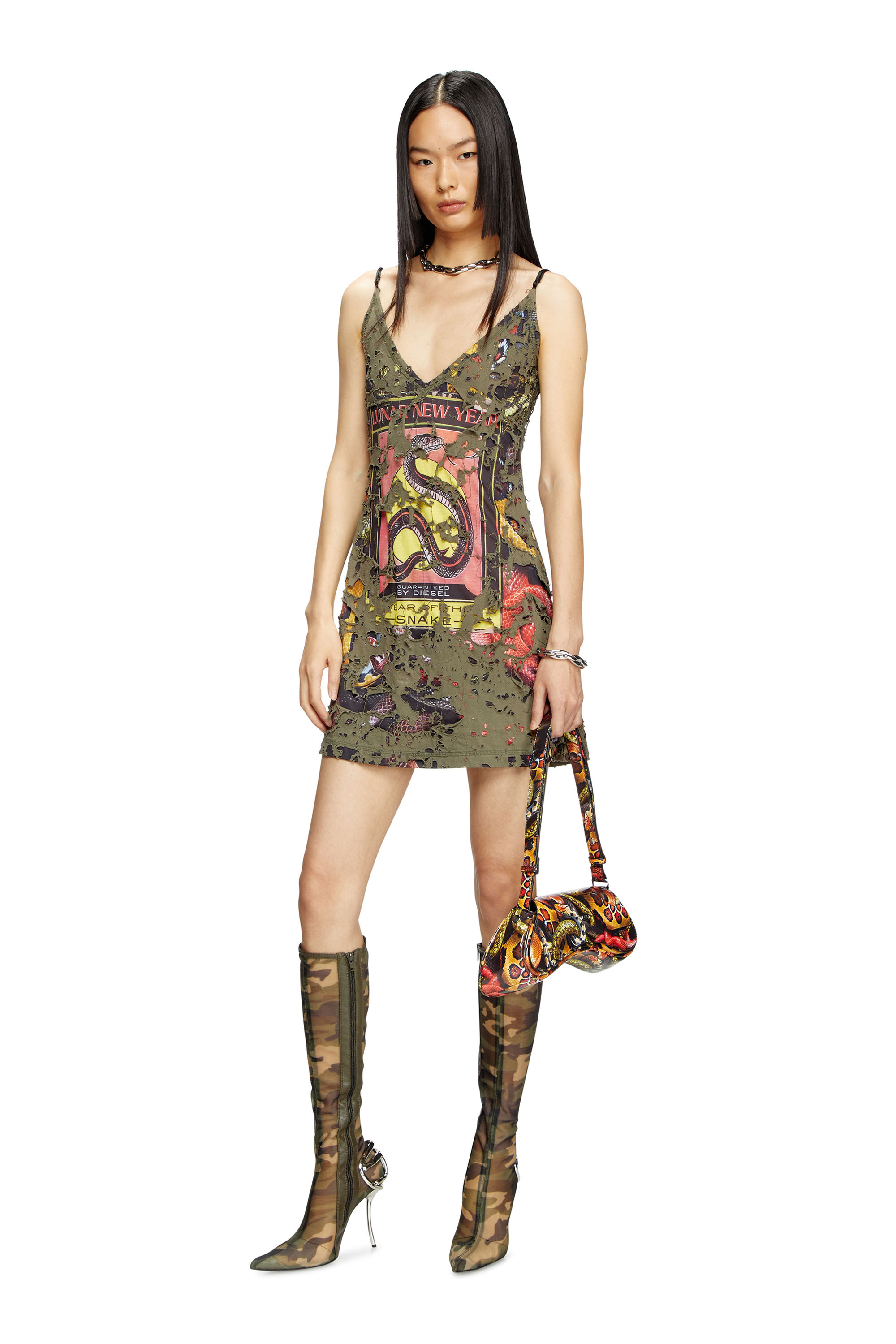 Diesel - CL-D-JENA-DEV-SNAKE, Female's Destroyed snake-print slip dress in オリーブグリーン - 1