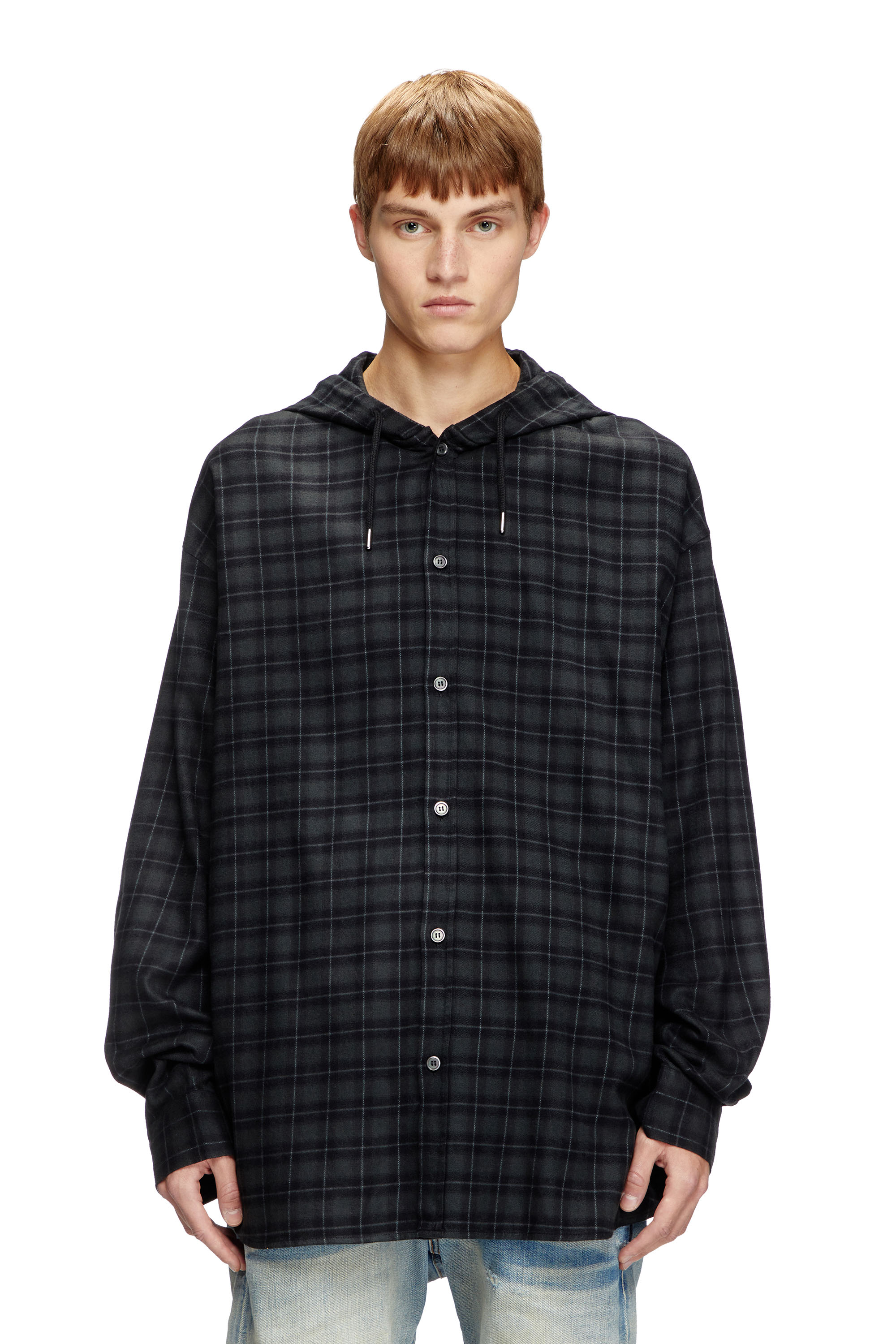 Diesel - S-DEWNY-HOOD-B, Male's Hooded shirt in check flannel in ブラック - 1