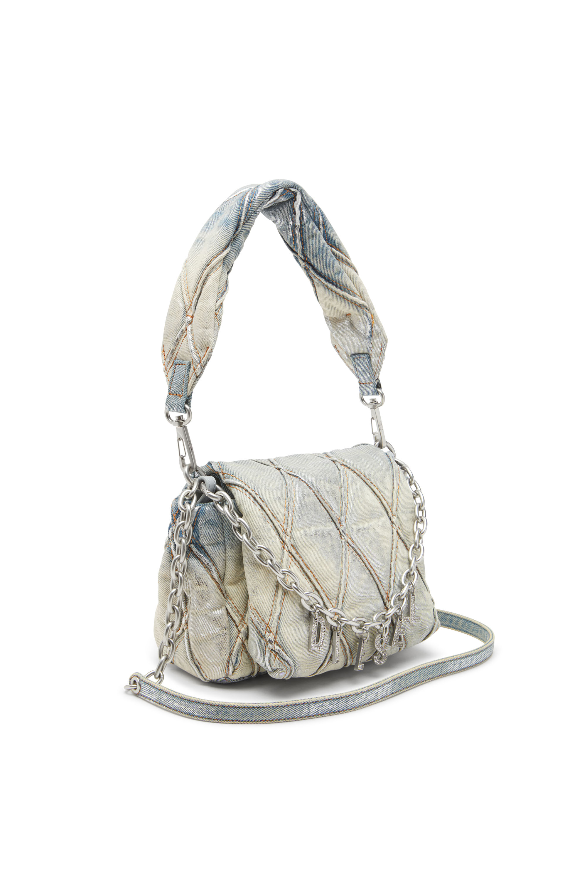 Diesel - CHARM-D SHOULDER S, Female's Charm-D S-Small shoulder bag in metallic quilted denim in シルバー/ブルー - 5