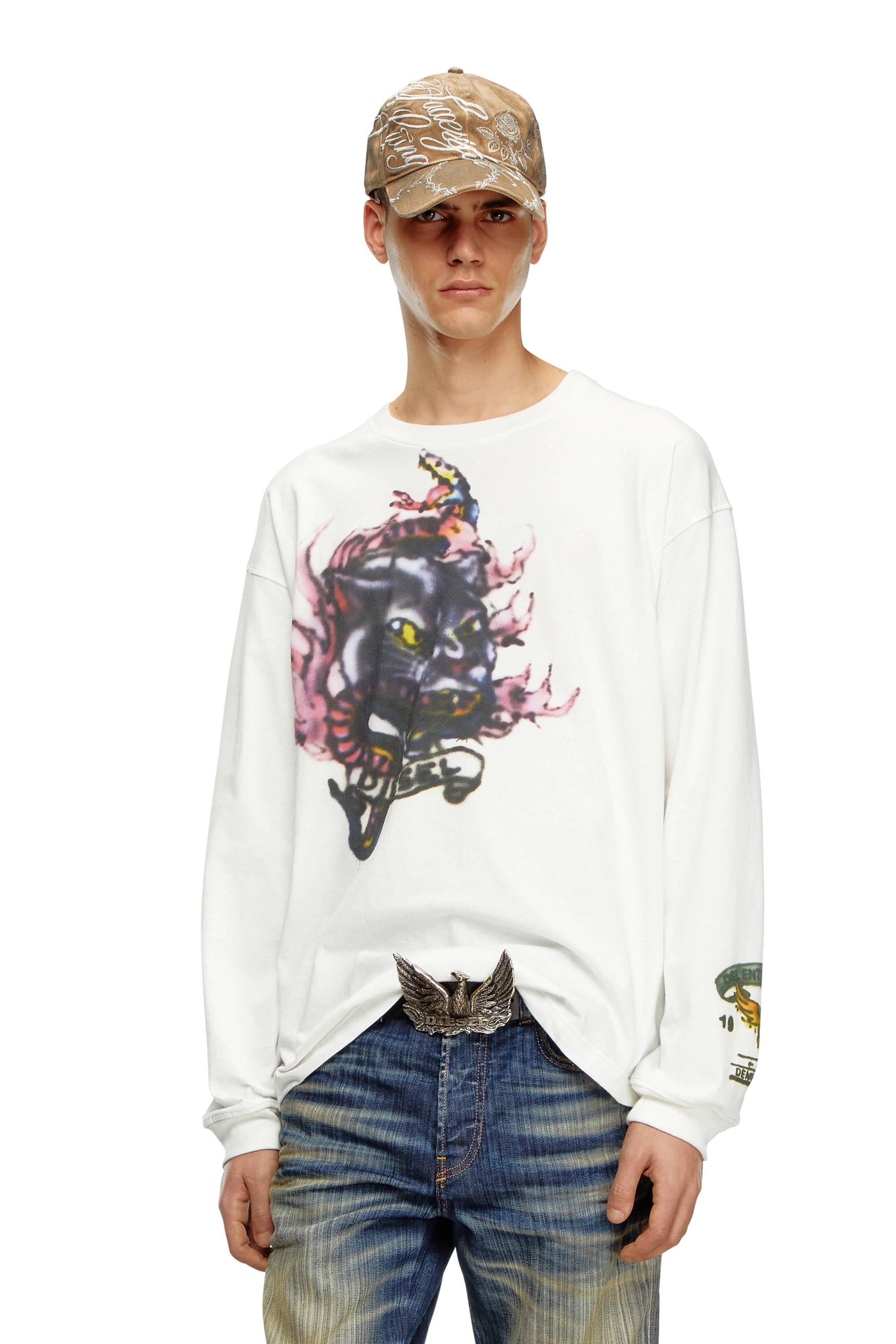 Diesel - T-BOXT-LS-Q9, Male Long-sleeve T-shirt with blurry prints in ホワイト - Image 1