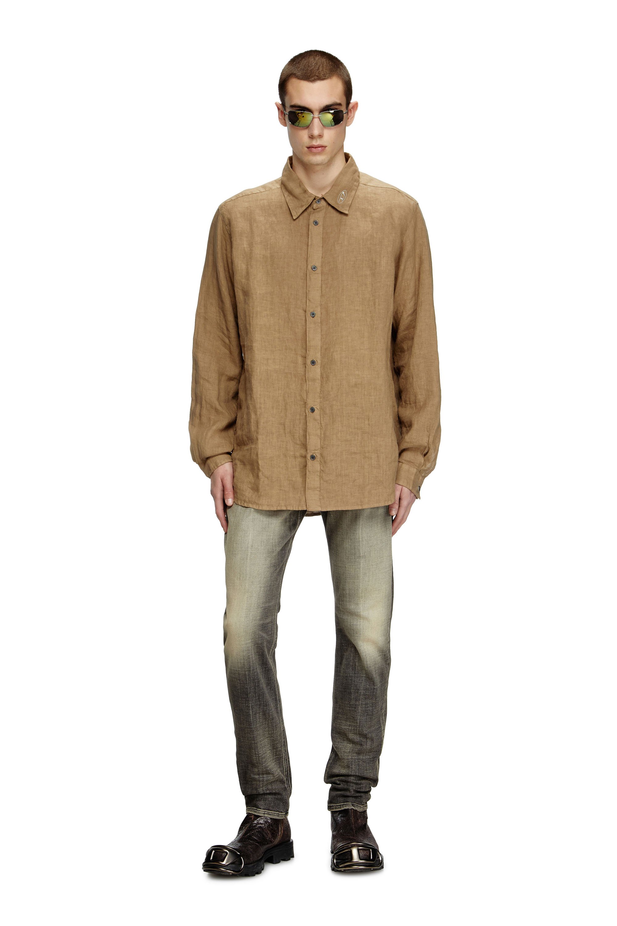 Diesel - S-WERP, Male's Linen shirt with logo collar in null - 2