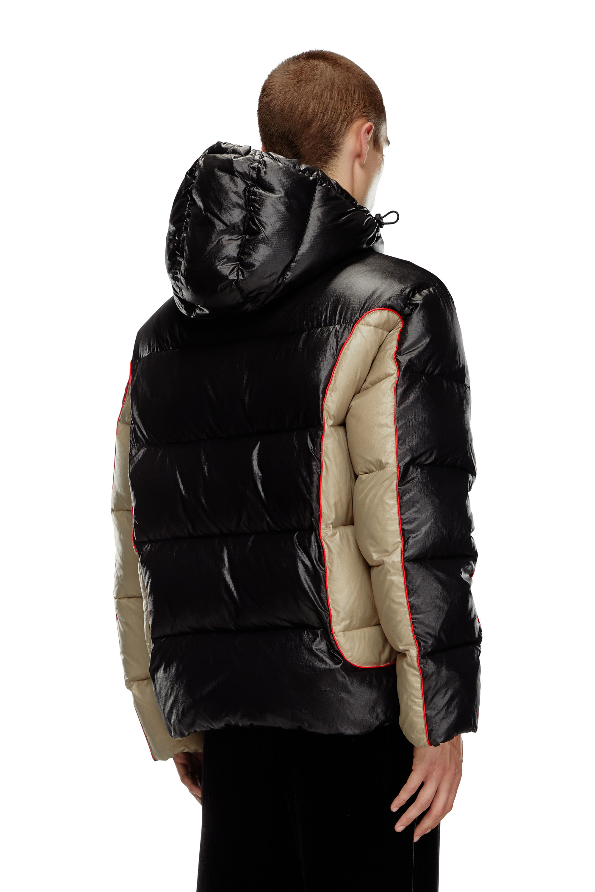 Diesel - W-OSTEND, Male's Hooded puffer jacket in shiny ripstop in ブラック/ベージュ - 4