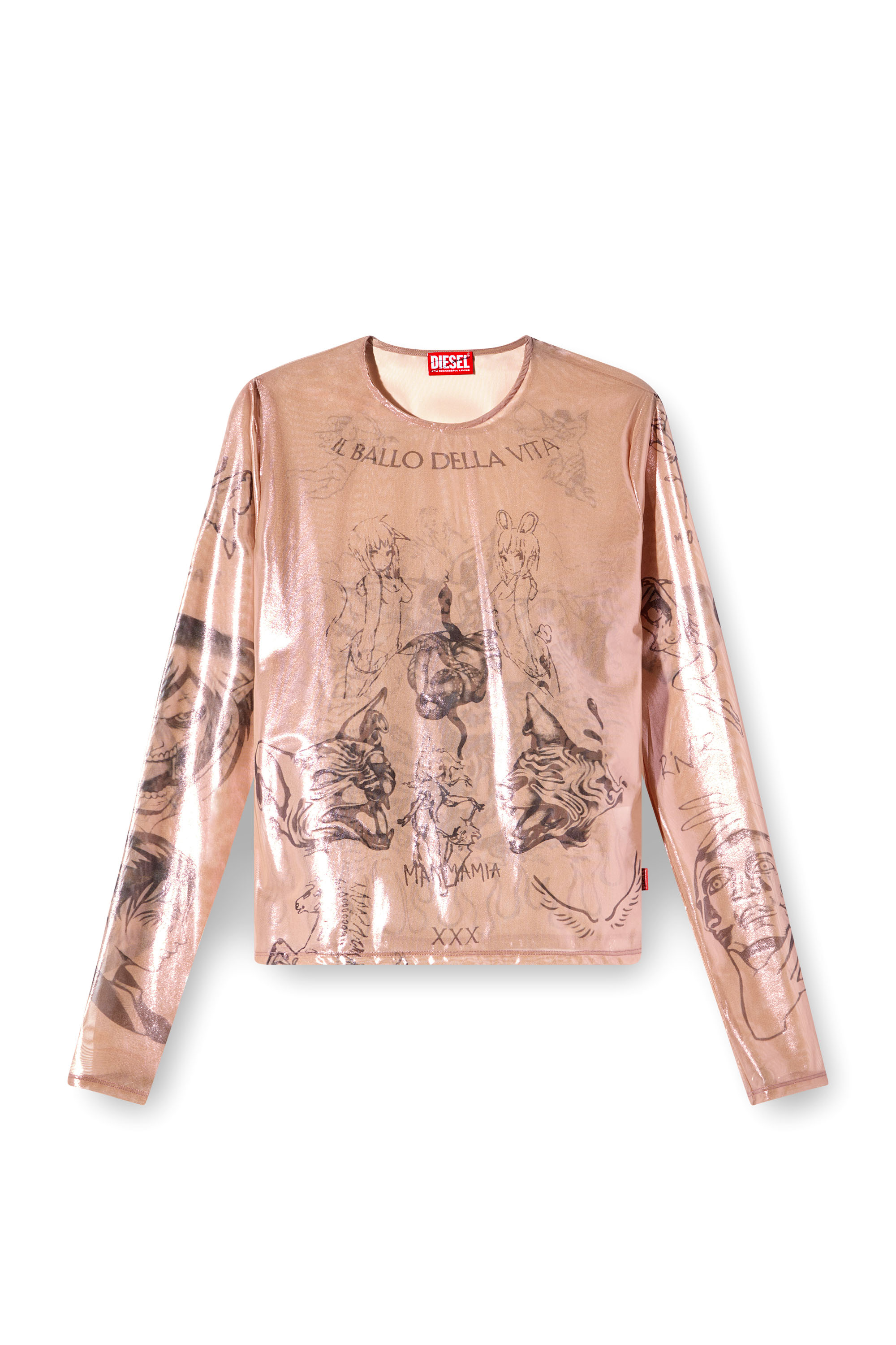 Diesel - T-CLAUDE-DD, Unisex's Tattoo top in coated stretch tulle in ピンク / ホワイト - 7