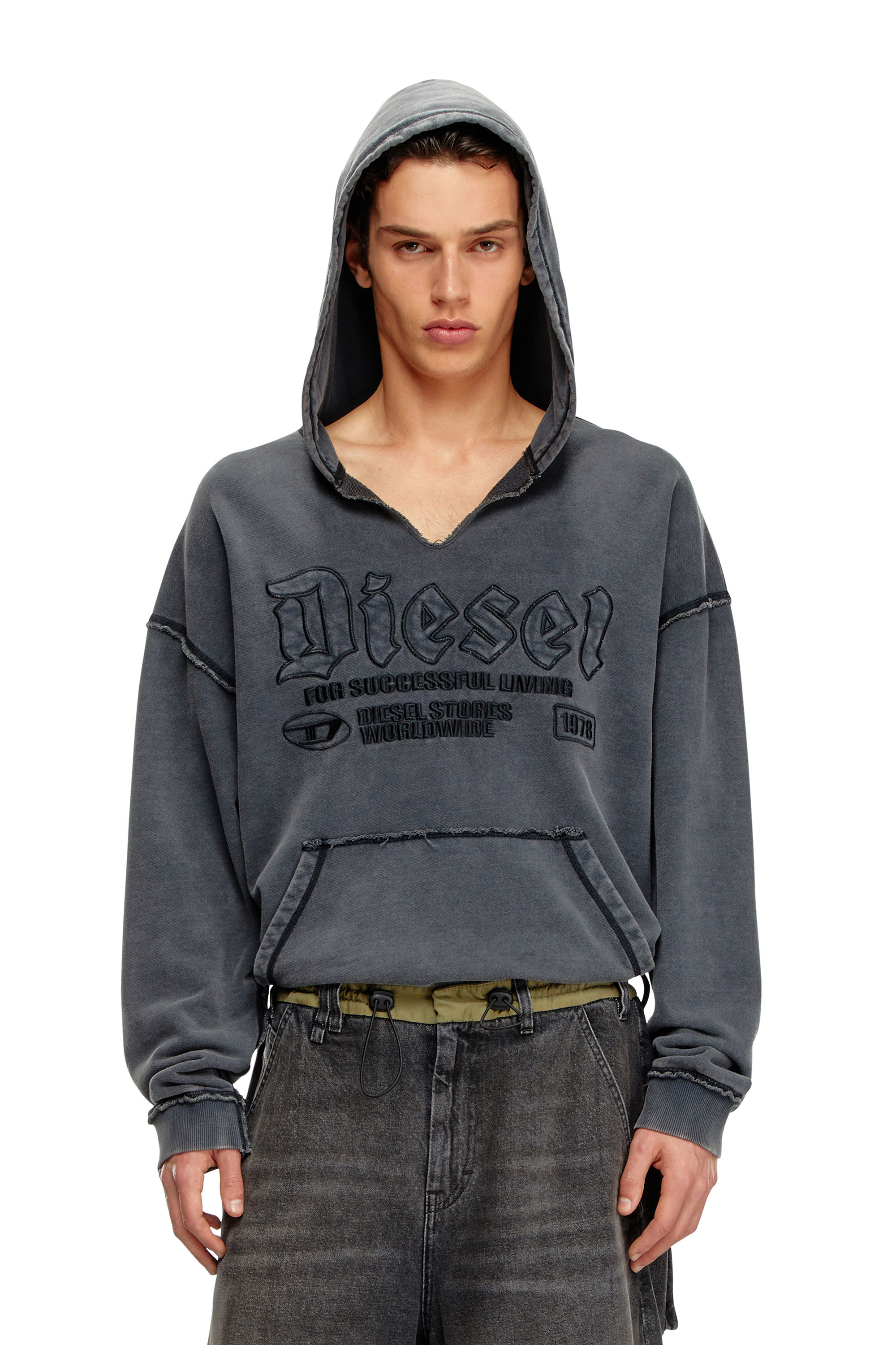 Diesel - S-BOXT-HOOD-RAW, Male V-neck hoodie in treated jersey in ブラック - Image 1