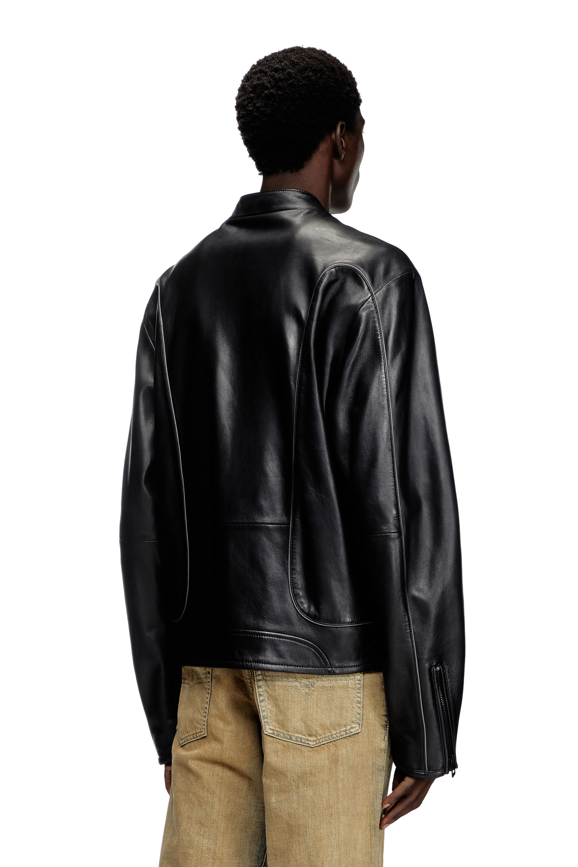 Diesel - L-KRIXY, Male's Leather biker jacket with piping detail in ブラック - 4