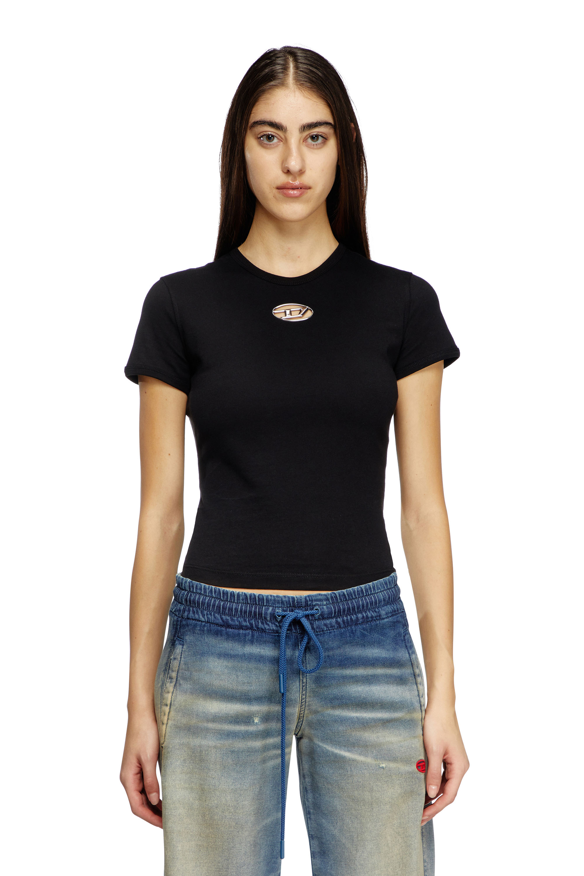 Diesel - T-UNCUTIE-LONG-OD-Q1, Female's Slim fit T-shirt with cut-out Oval D in ブラック - 1