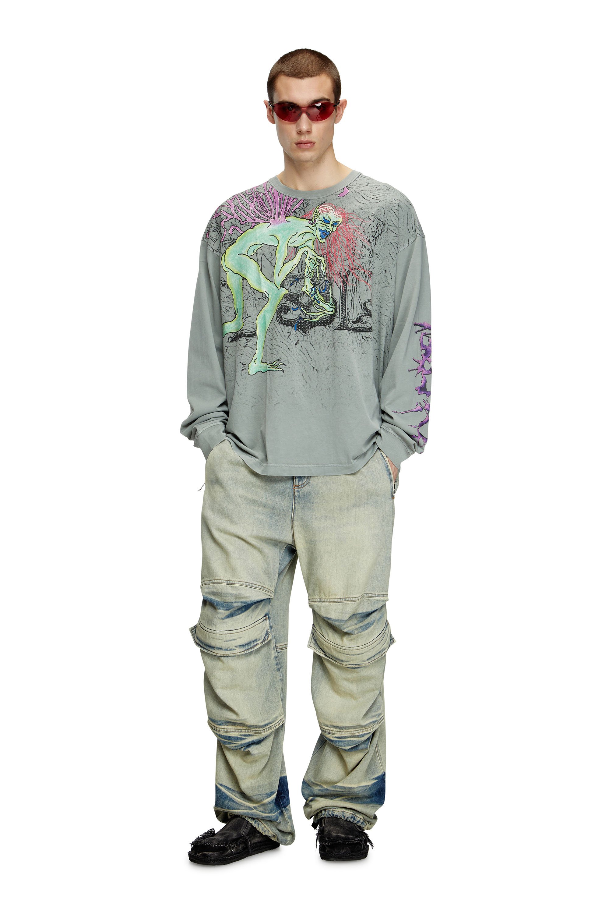 Diesel - T-BOXT-LS-R12, Male's Long-sleeve T-shirt with tattoo graphics in グレー - 2