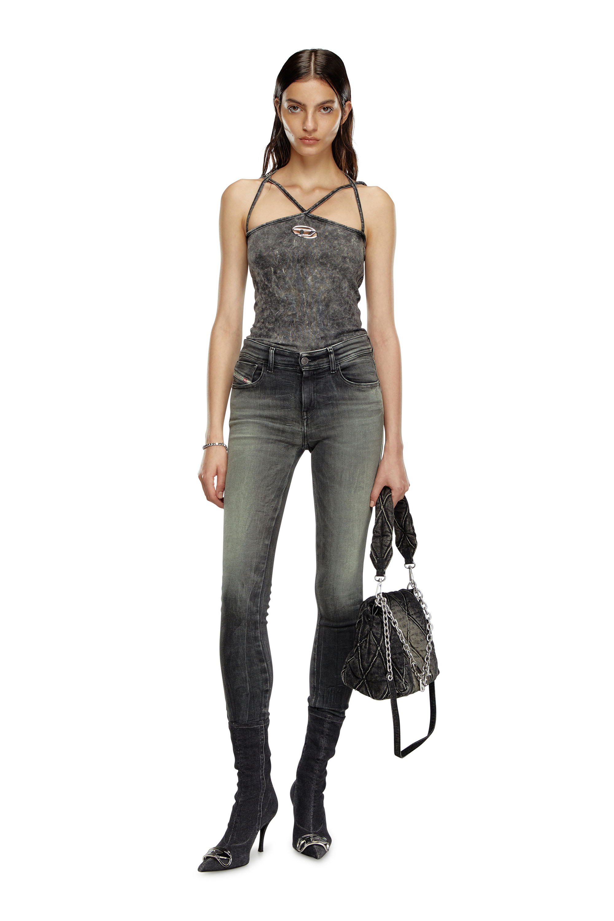 Diesel - T-MARYN, Female's Ribbed halterneck with cross-over straps in グレー - 2