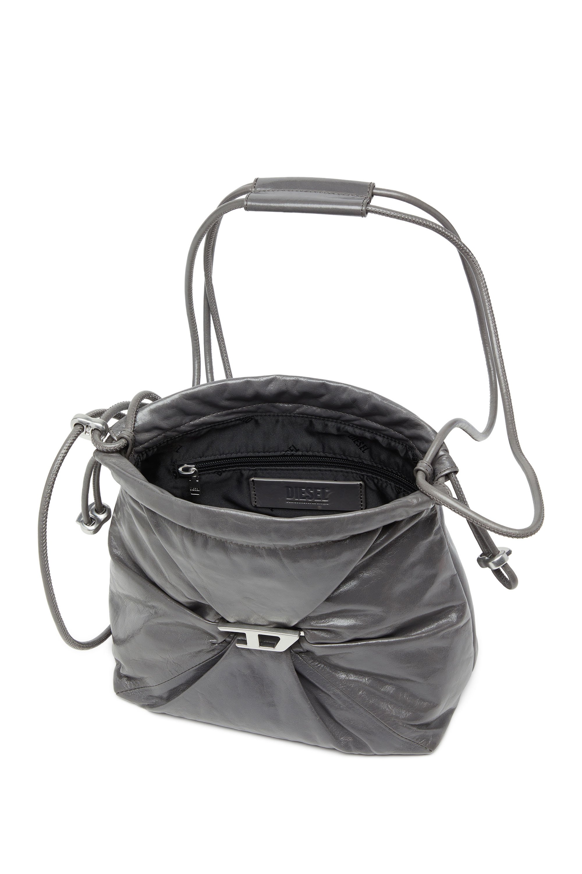 Diesel - SCRUNCH-D BUCKET, Female's Scrunch-D-Bucket bag in shiny wrinkled leather in グレー - 4