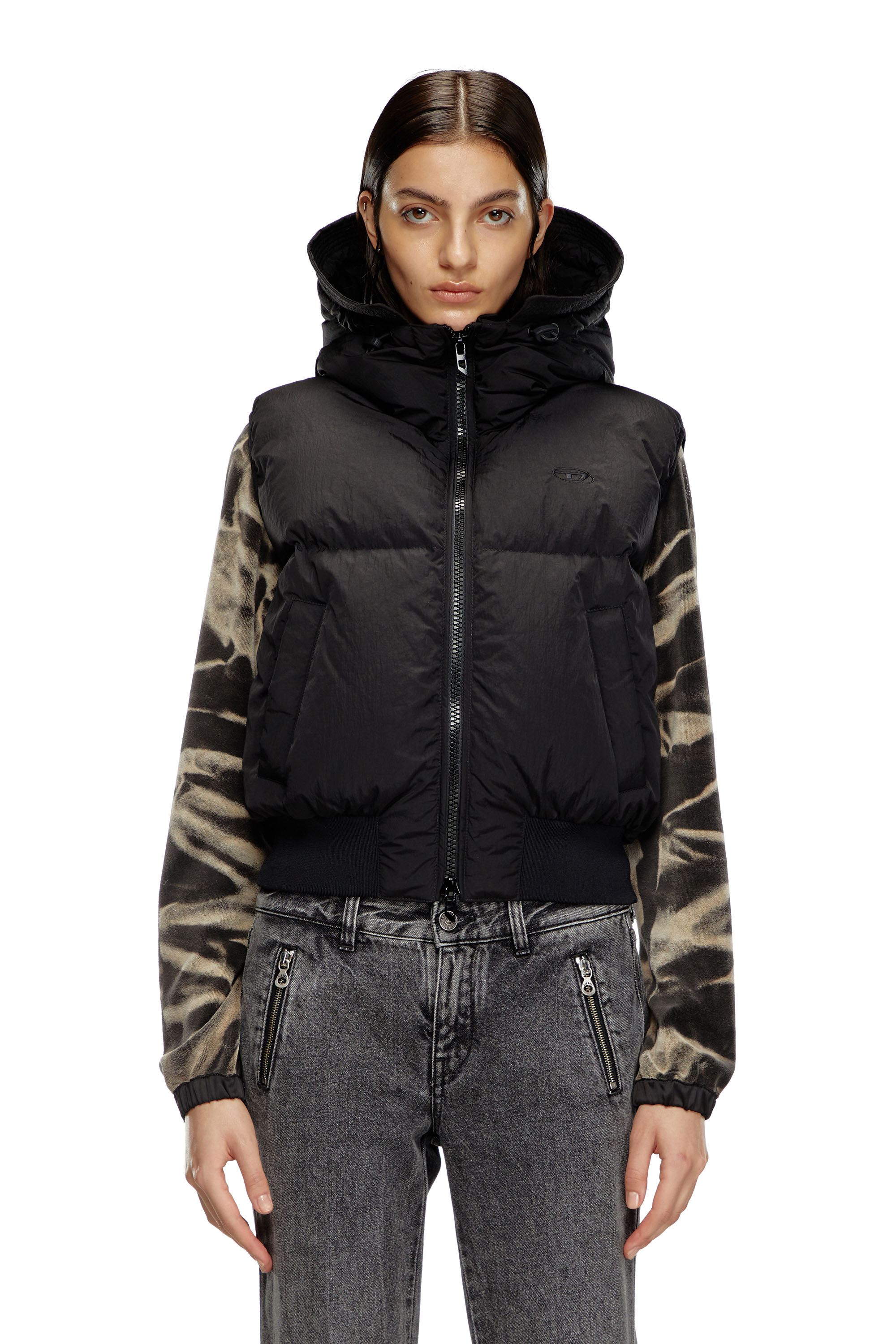 Diesel - W-PEYT-SSL-NEW-P1, Female's Hooded down vest in crinkled nylon in ブラック - 1