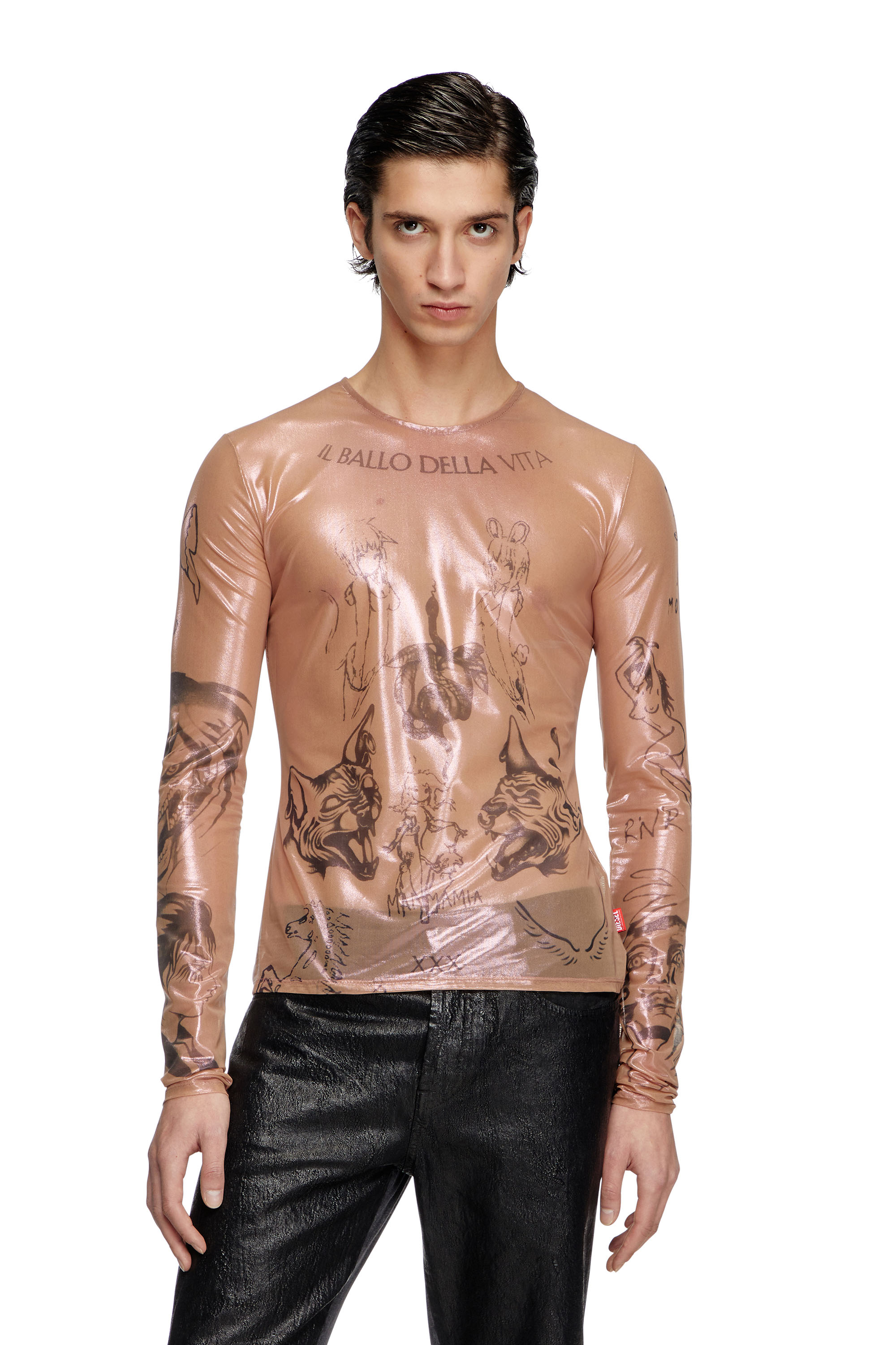 Diesel - T-CLAUDE-DD, Unisex's Tattoo top in coated stretch tulle in ピンク / ホワイト - 1