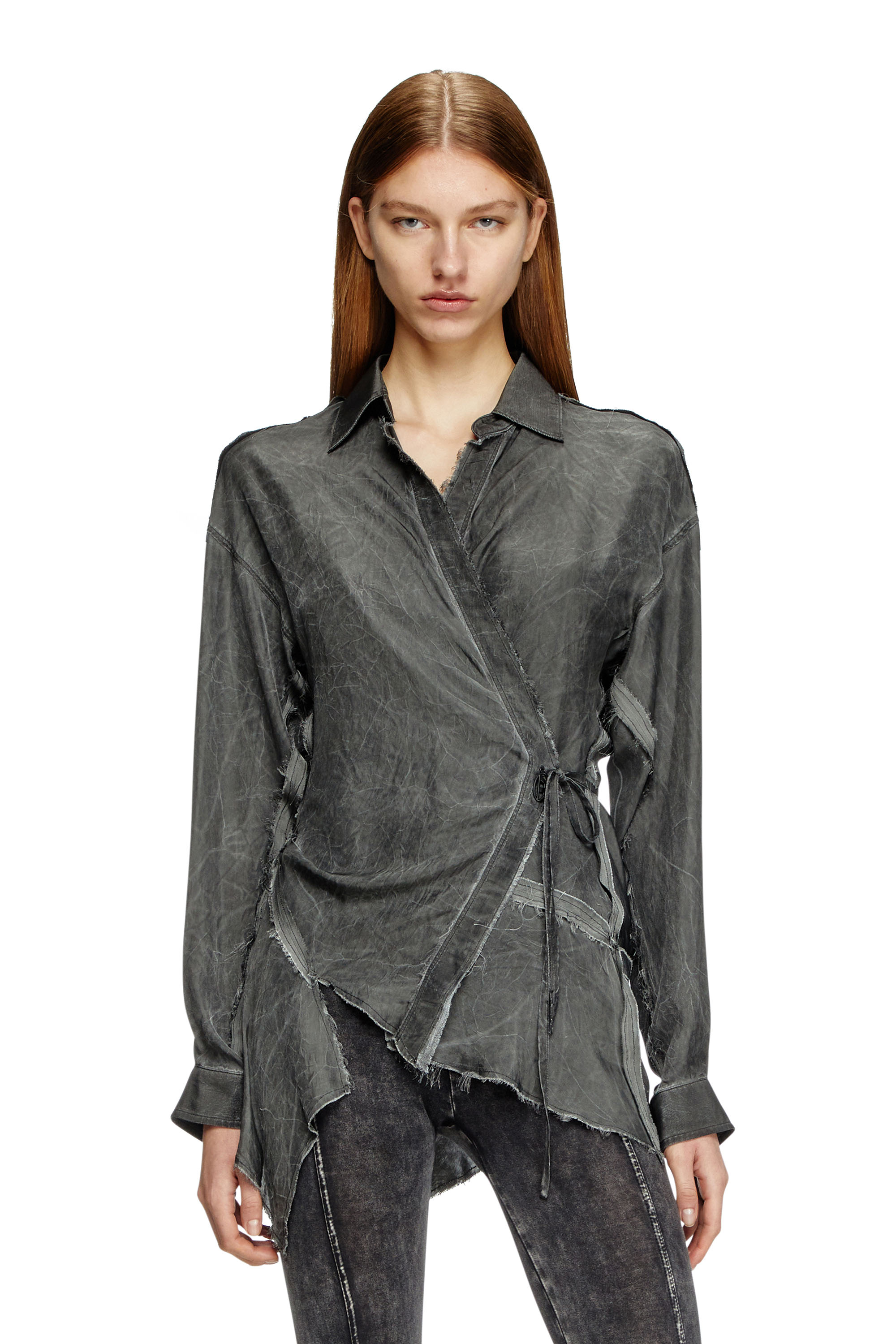 Diesel - C-RAZY-Q1, Female's Asymmetric wrap shirt in wrinkled twill in ブラック - 1