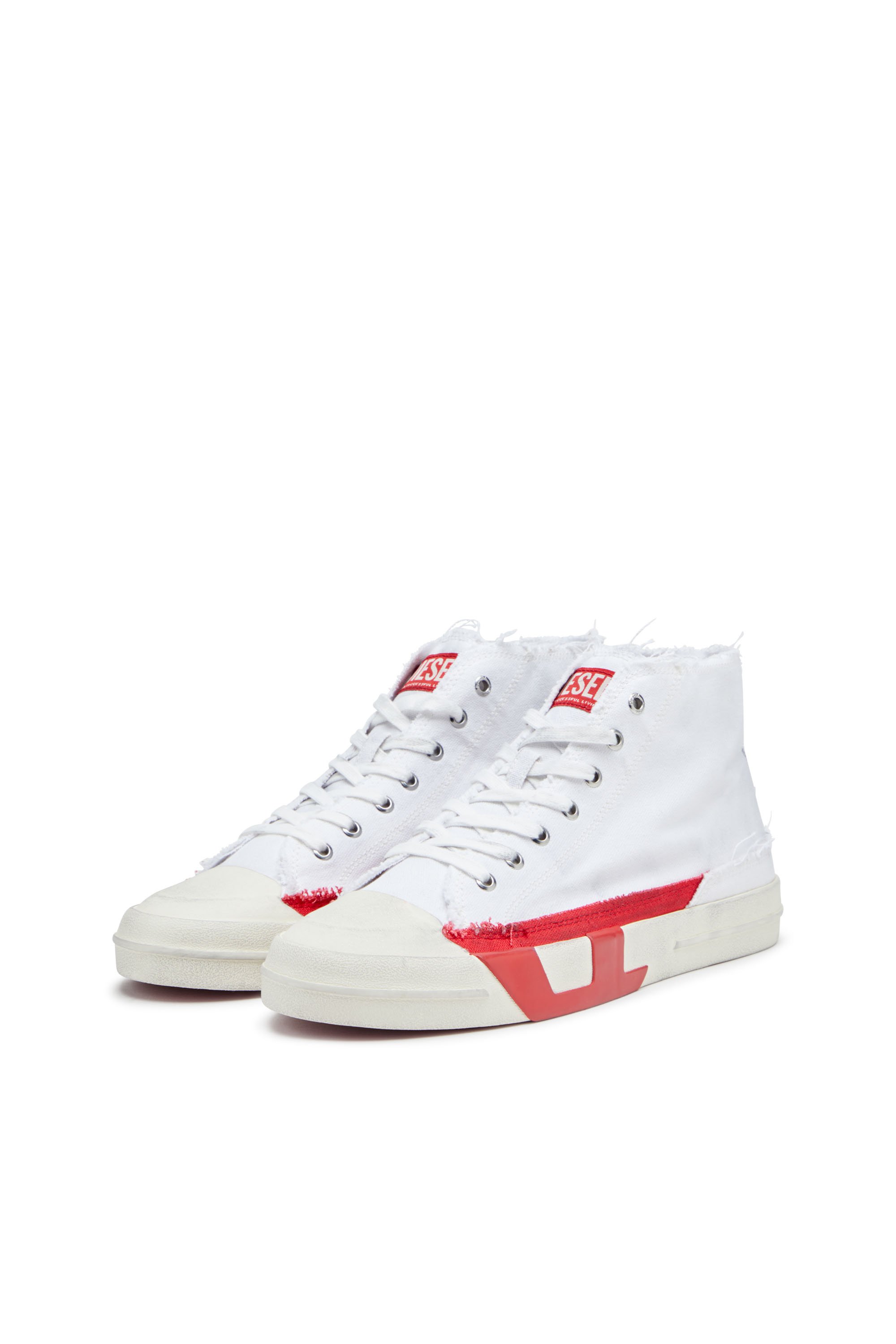 Diesel - S-D-VERSE MID, Male's S-D-Verse-Dirty-effect high-top canvas sneakers in ホワイト/レッド/ブルー - 8