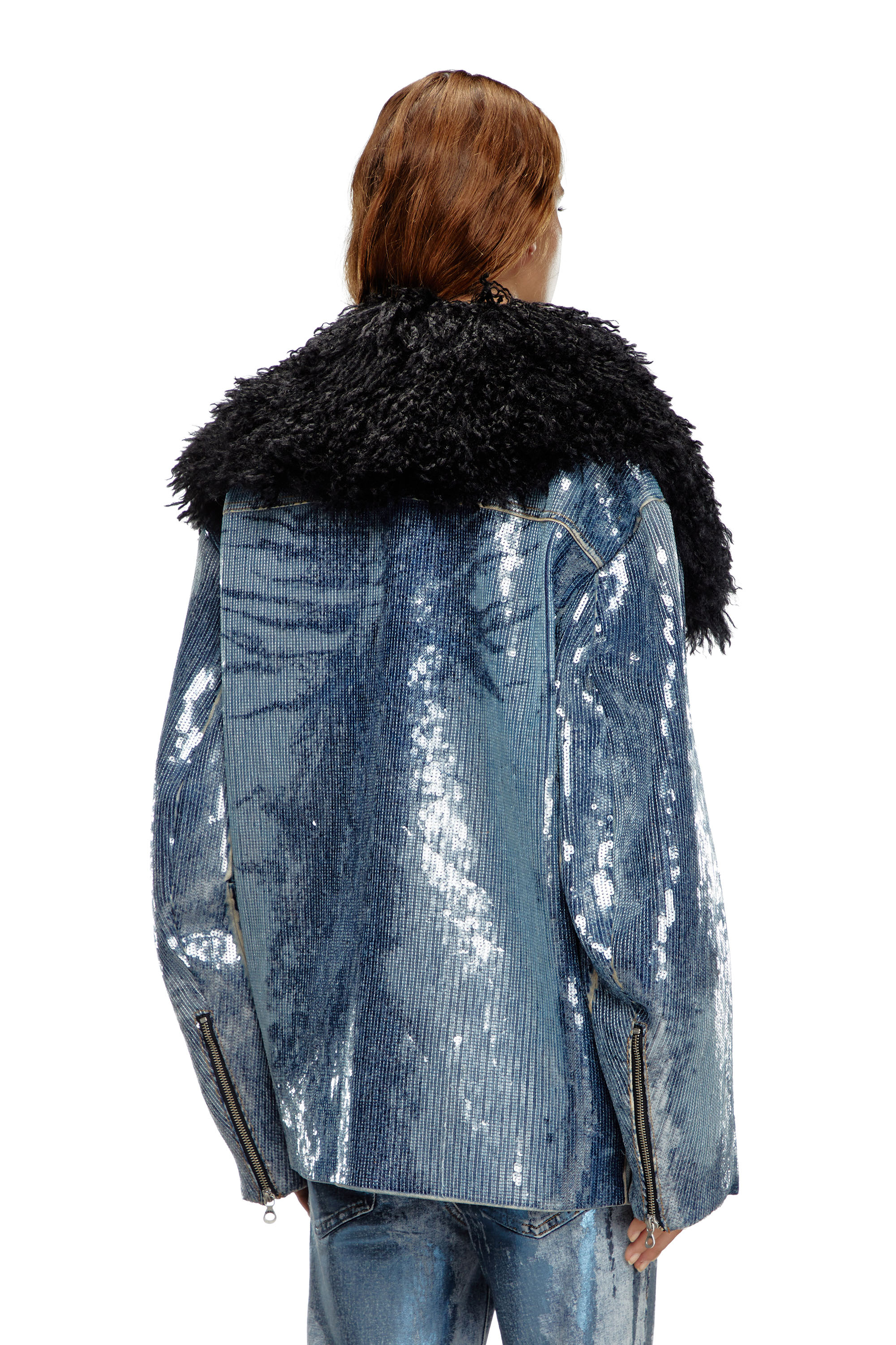 Diesel - DE-BIKA-S, Female's Sequin denim jacket with shaggy collar in ブルー - 4