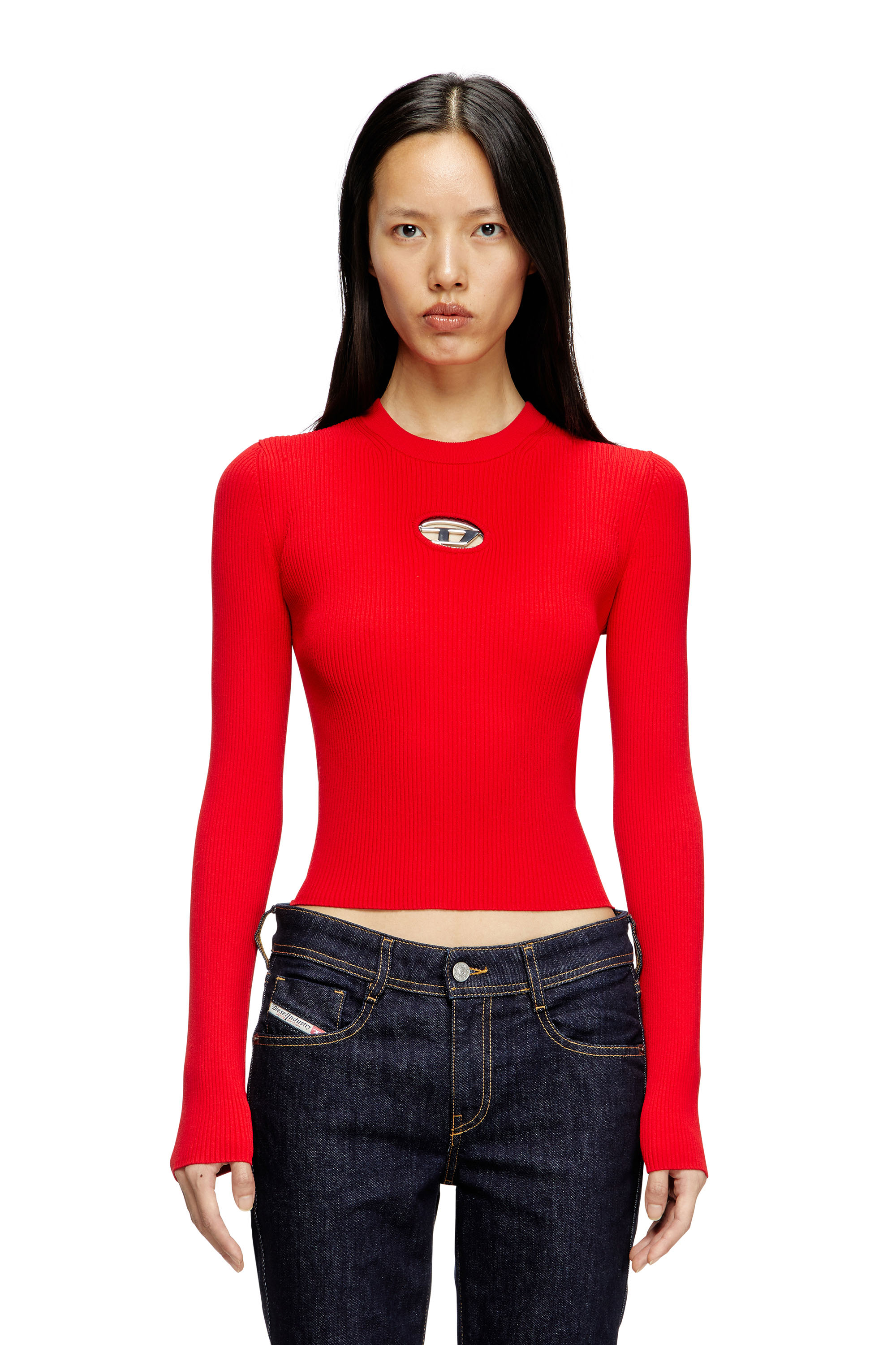 Diesel - M-VALARI, Female's Rib-knit viscose-blend top with Oval D in レッド - 1