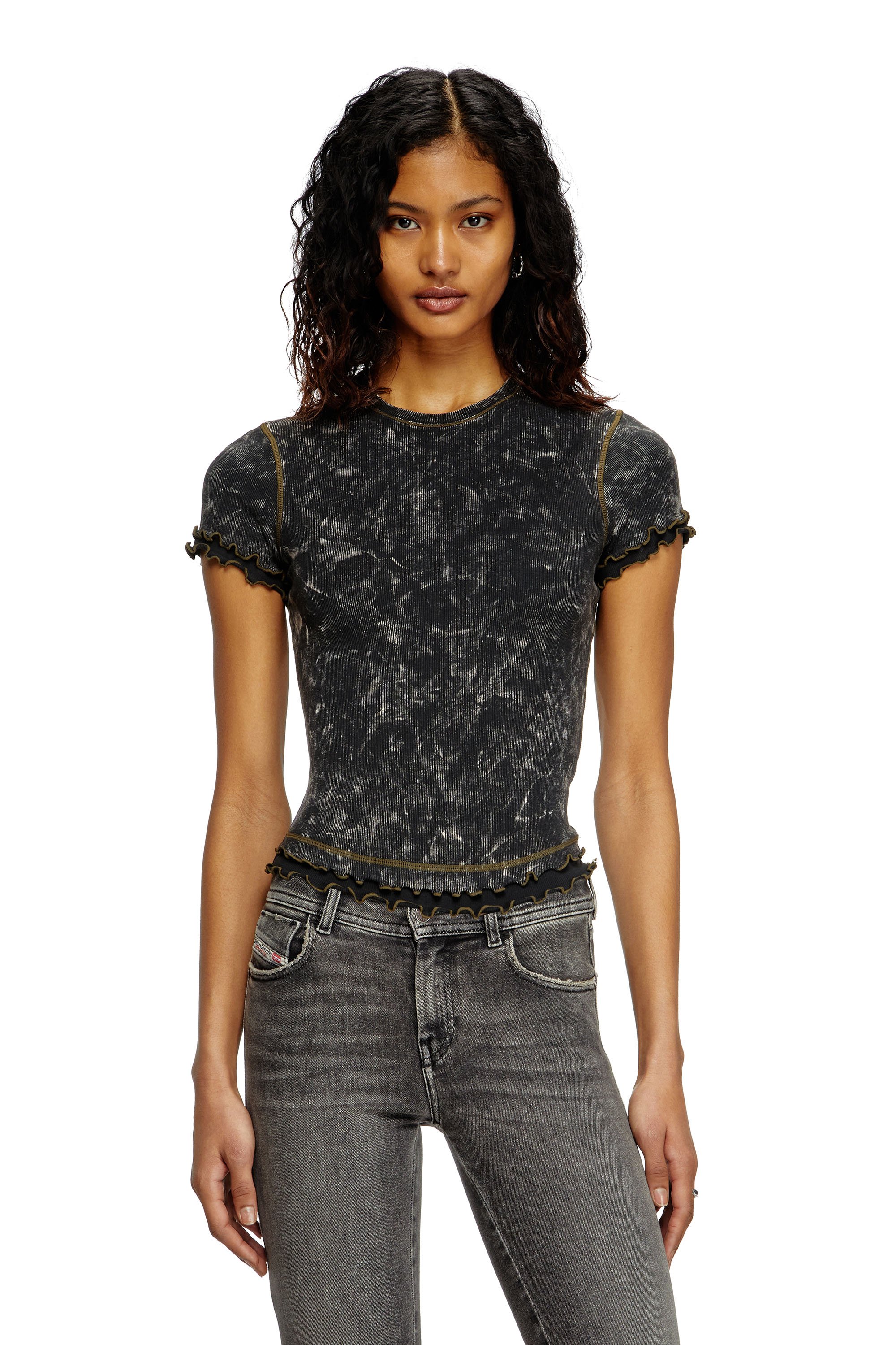 Diesel - T-FLU, Female's Marbled T-shirt with ruffled trims in ブラック - 1