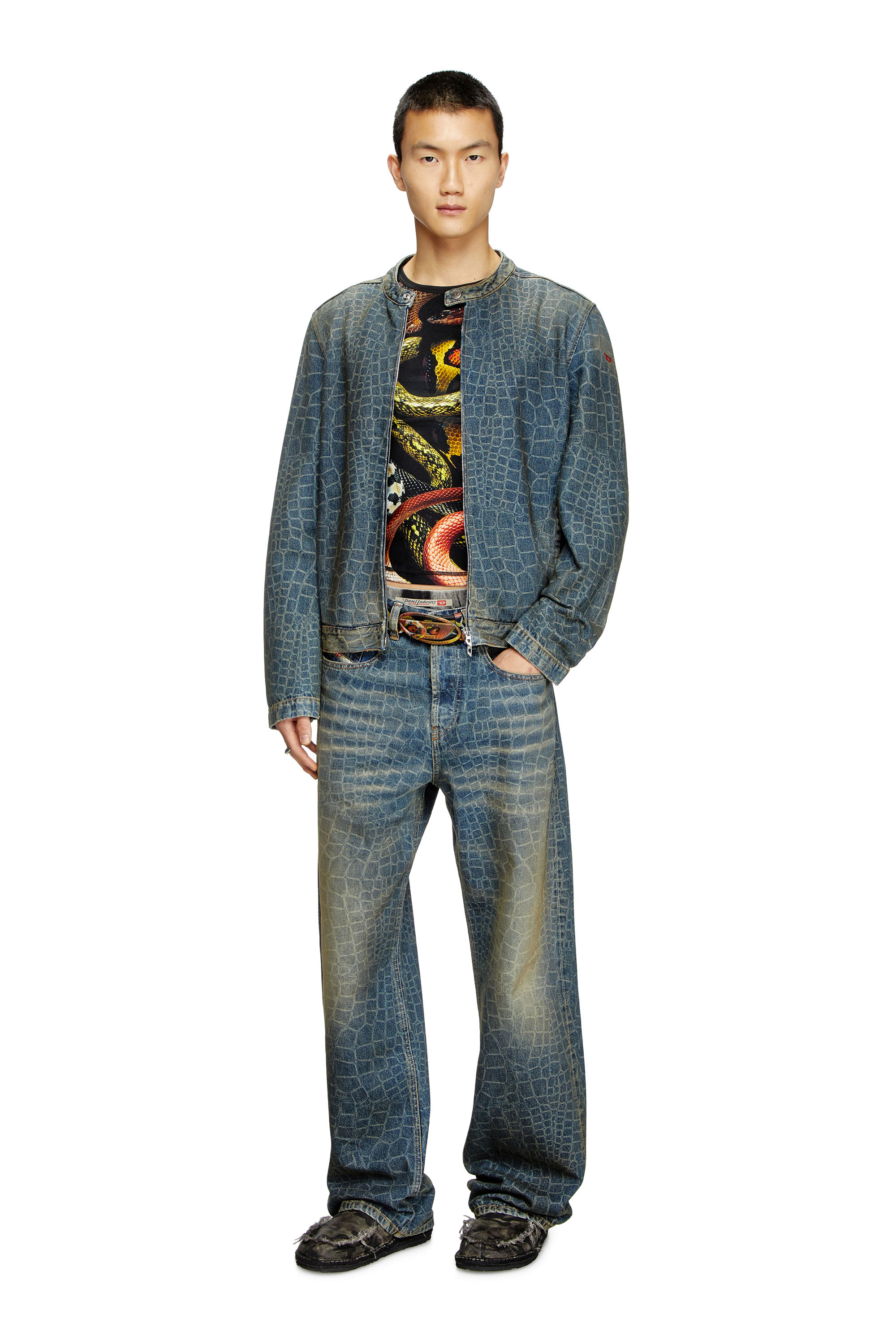 Diesel - CL-D-GLORY-SNAKE, Male's Moto jacket in snake-print denim in ダークブルー - 1