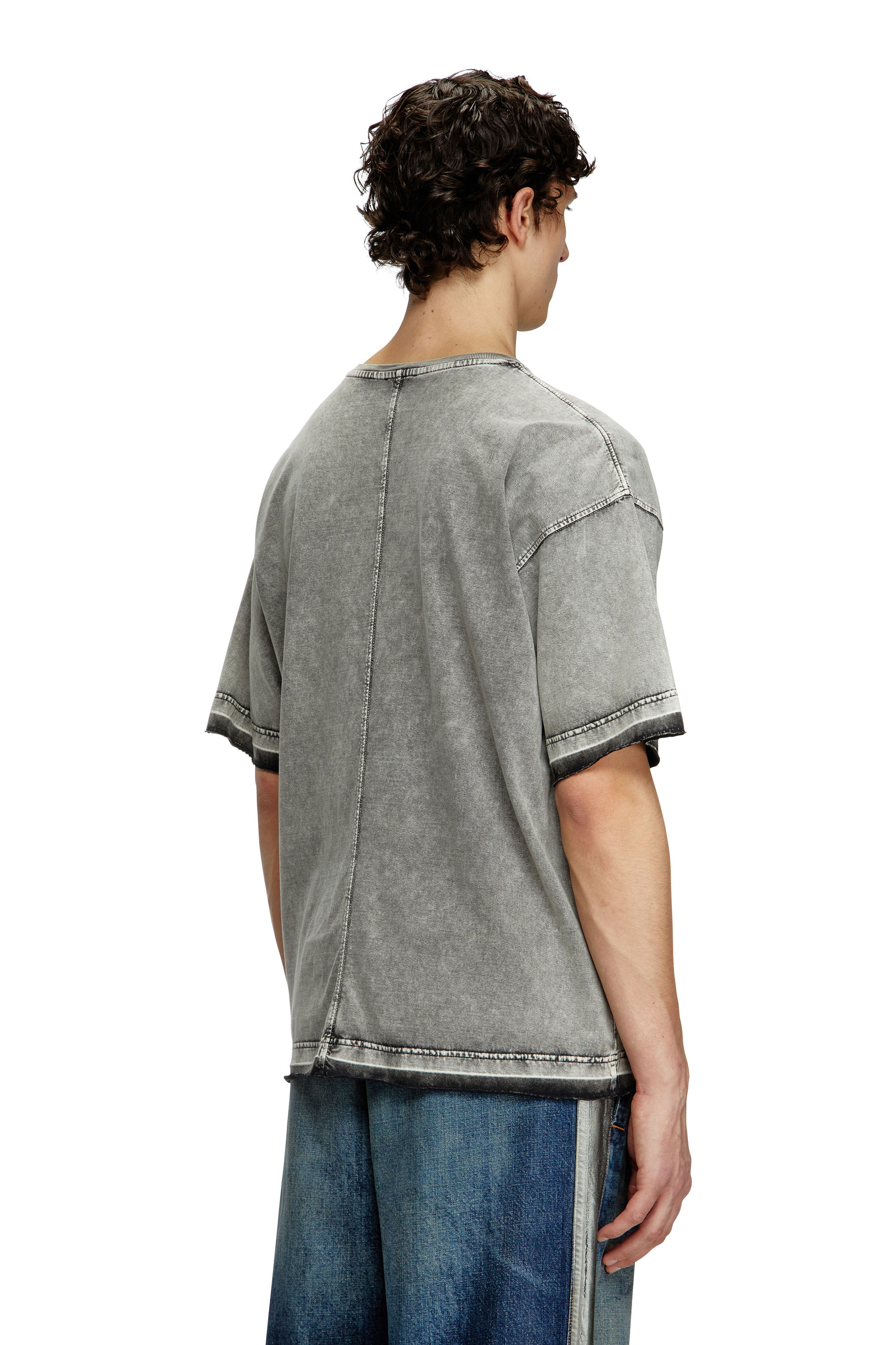 Diesel - T-HOXT, Male's Denim-look T-shirt with released hems in ライトグレー - 4