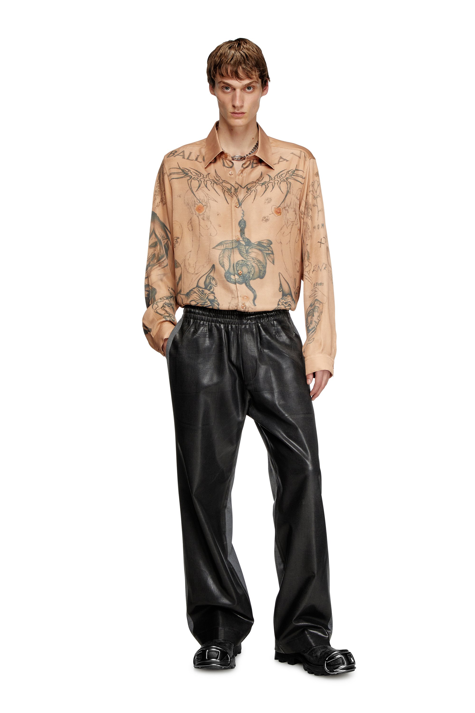 Diesel - S-SIMPLY-TTO-DD, Unisex's Fluid satin shirt with tattoo print in ベージュ - 6