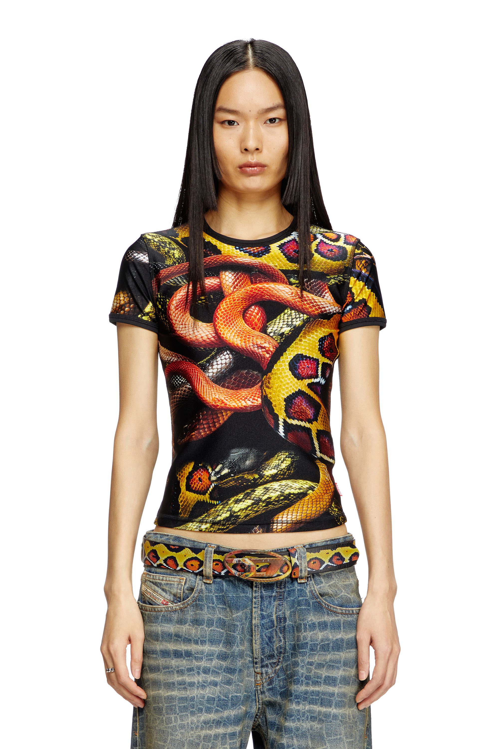 Diesel - CL-T-UNCLE-SNAKE, Unisex's Lycra T-shirt with all-over snake print in ブラック/イエロー - 1