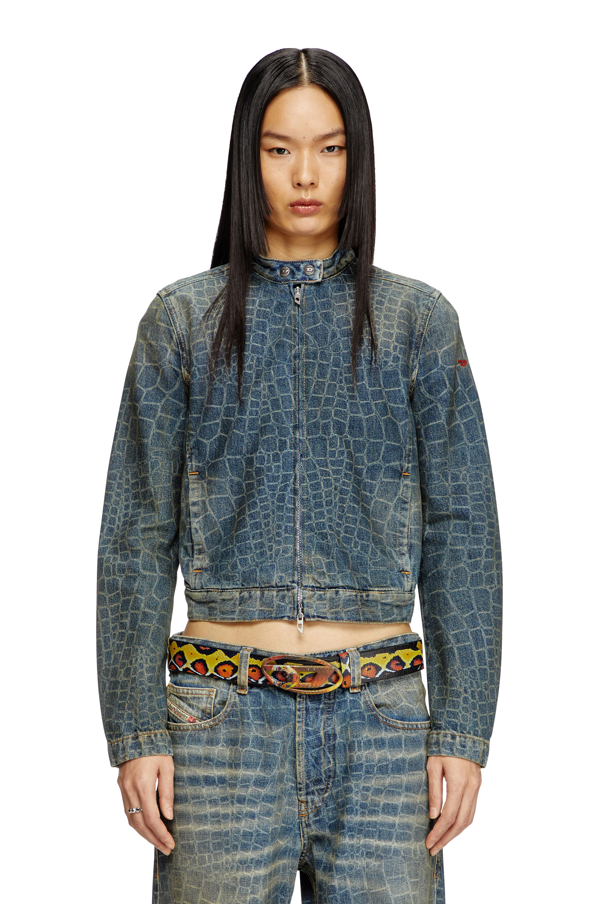 Diesel - CL-DE-MORNIN-SNAKE, Female's Moto jacket in snake-print denim in ダークブルー - 1