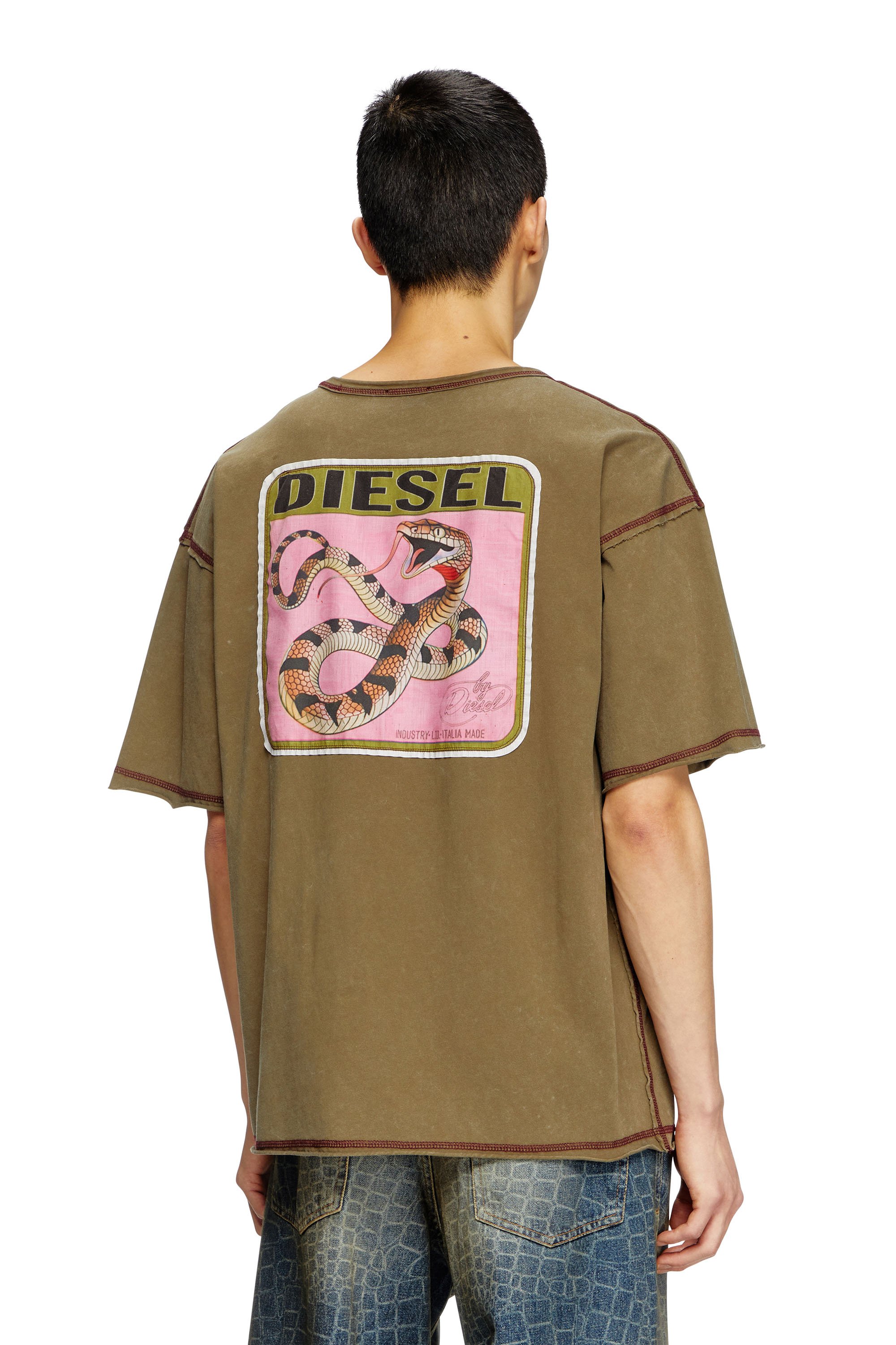 Diesel - CL-T-BOXT-SNAKE, Unisex's Treated T-shirt with snake patches in オリーブグリーン - 3