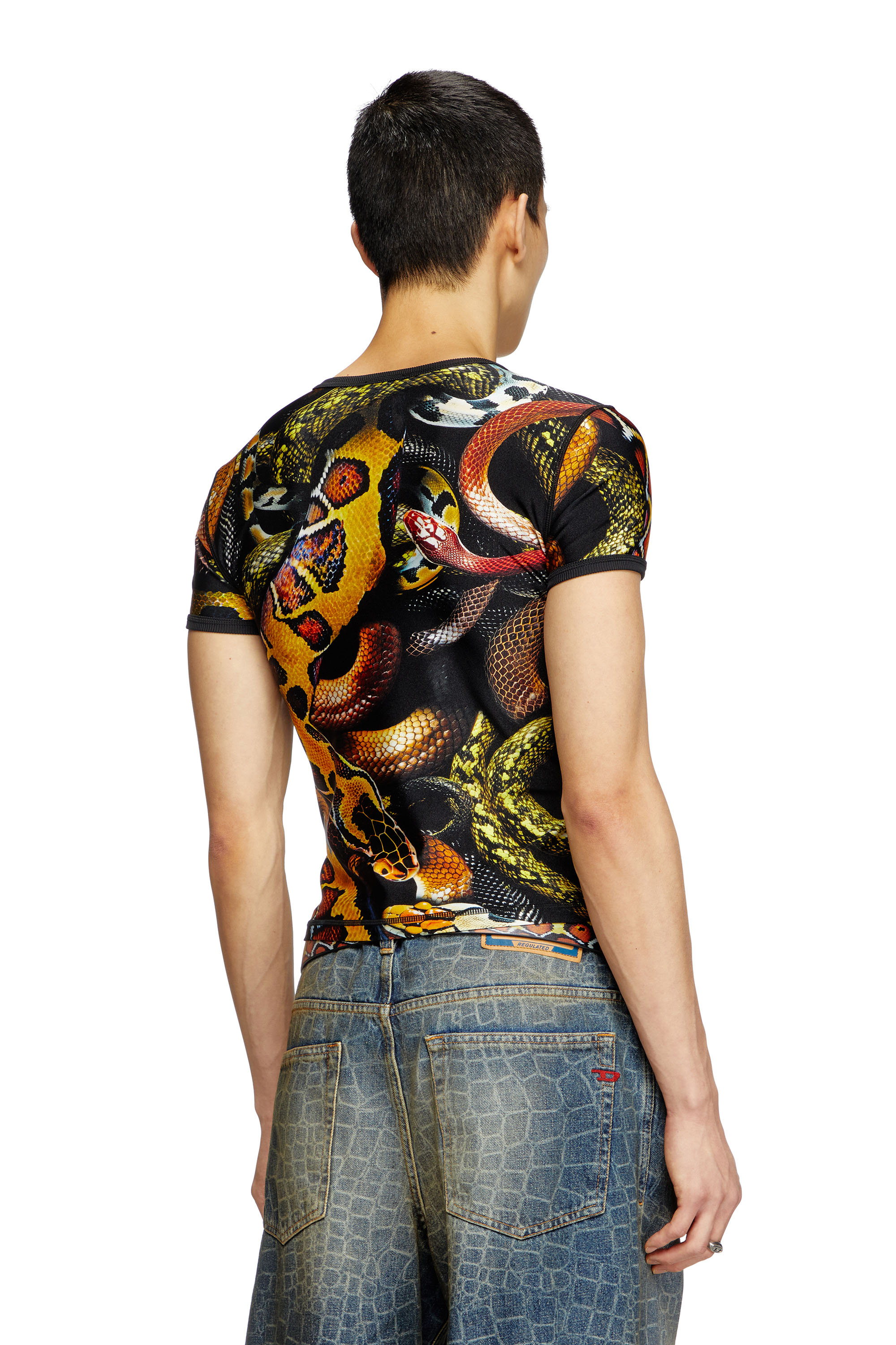 Diesel - CL-T-UNCLE-SNAKE, Unisex's Lycra T-shirt with all-over snake print in ブラック/イエロー - 3