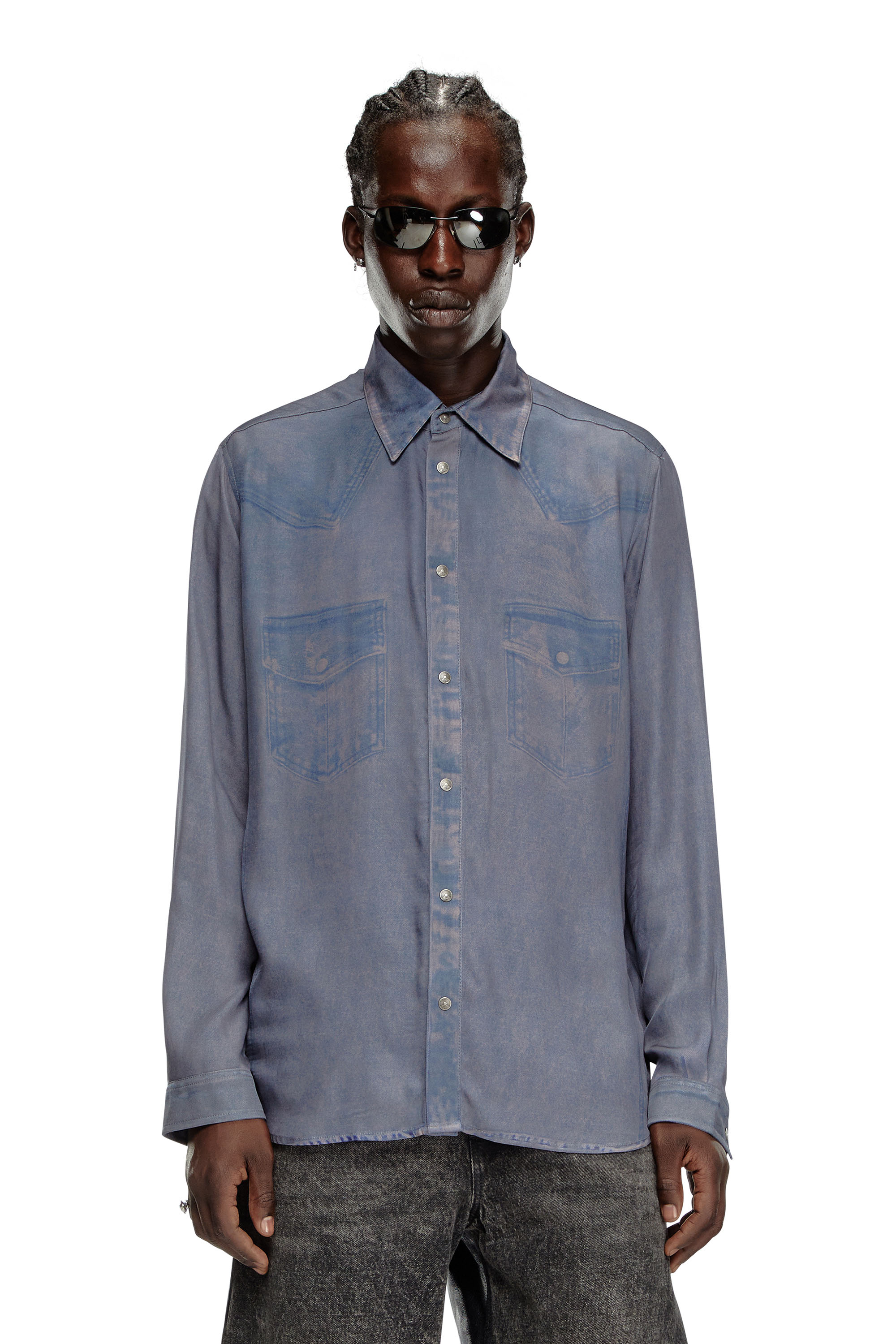 Diesel - S-DRINN, Male's Viscose shirt with Western print in ライトブルー - 1