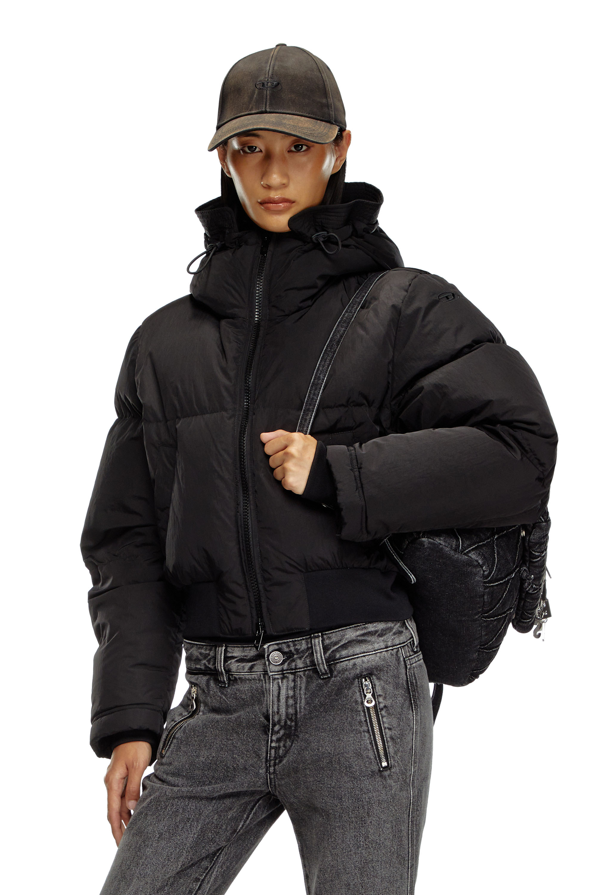 Diesel - W-PEYT-SHORT-NEW-P1, Female's Hooded down jacket in crinkled nylon in ブラック - 1