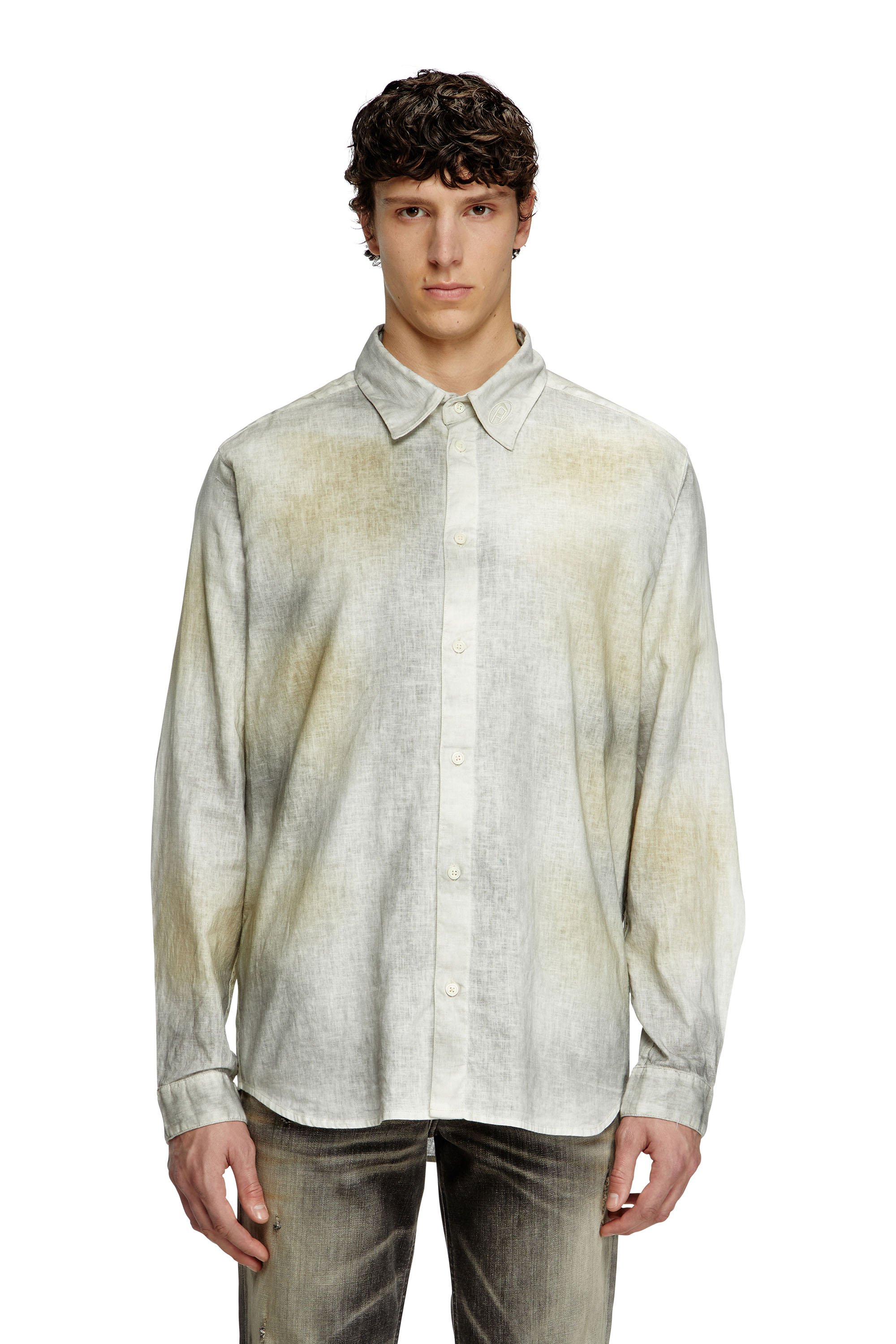 Diesel - S-LEIE, Male's Treated linen-blend shirt in グレー/ホワイト - 1