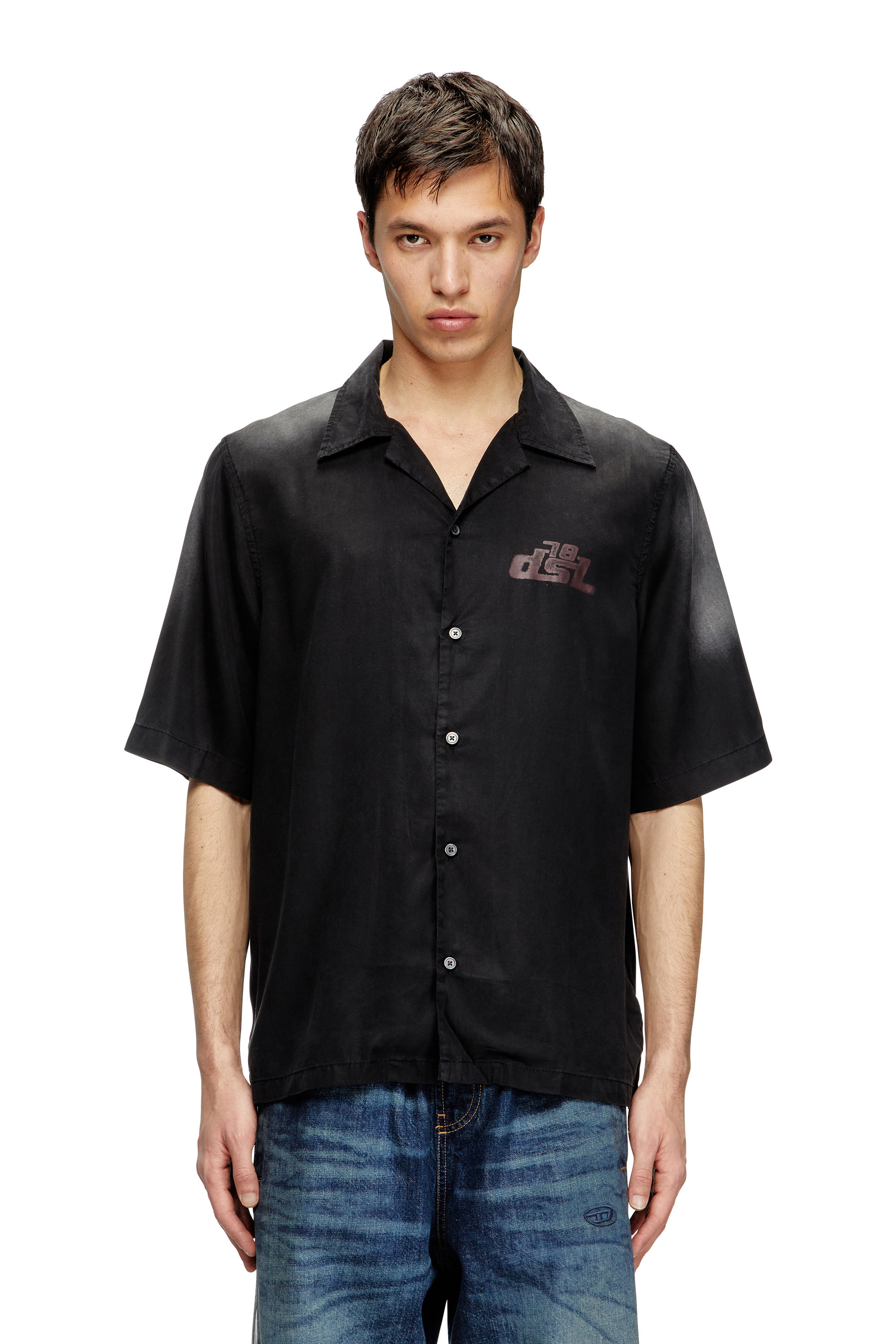 Diesel - S-ELLY, Male's Faded bowling shirt with logo prints in ブラック - 1