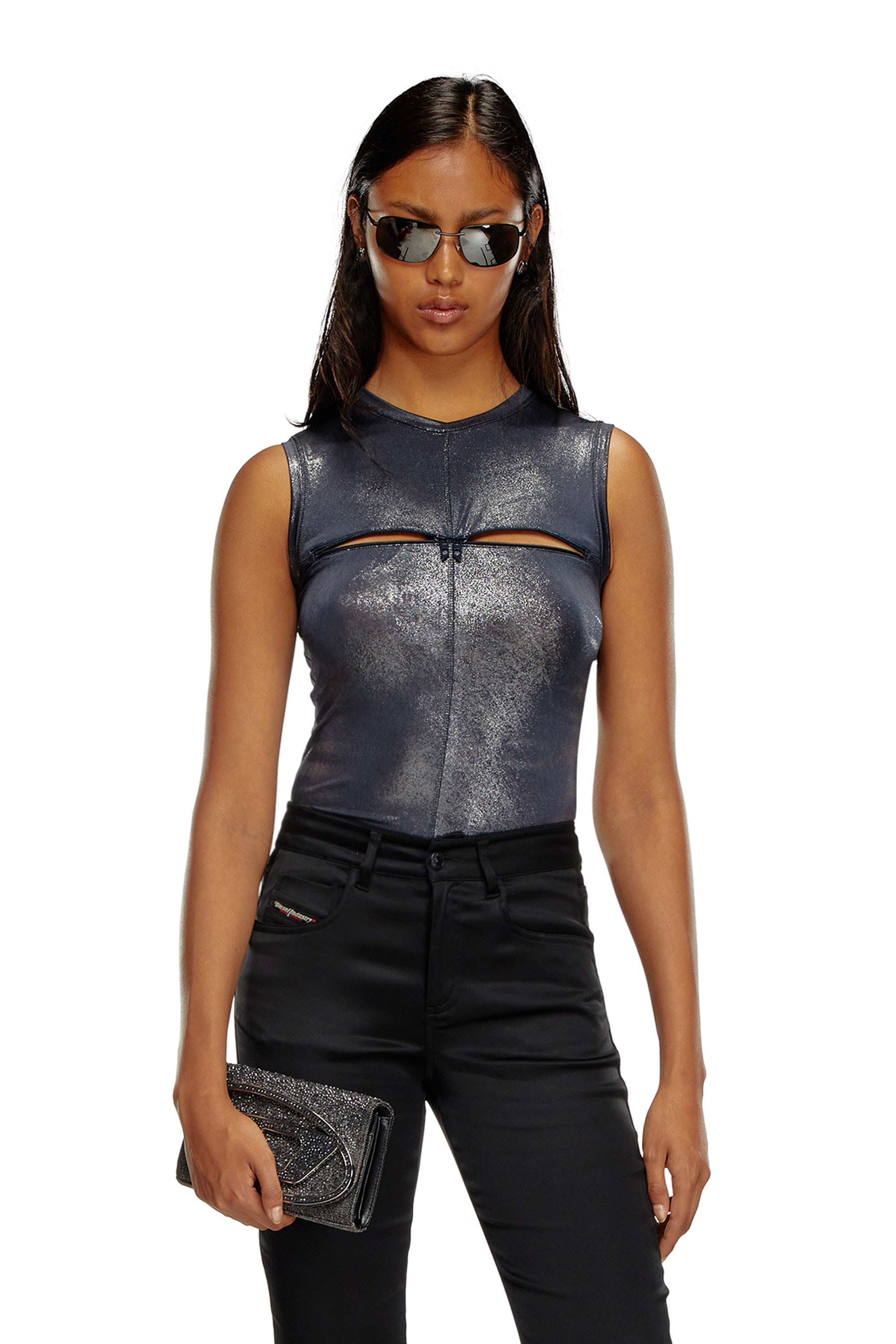 Diesel - T-VEZZY, Female's Metallic tank top with chest slit in ブルー - 2