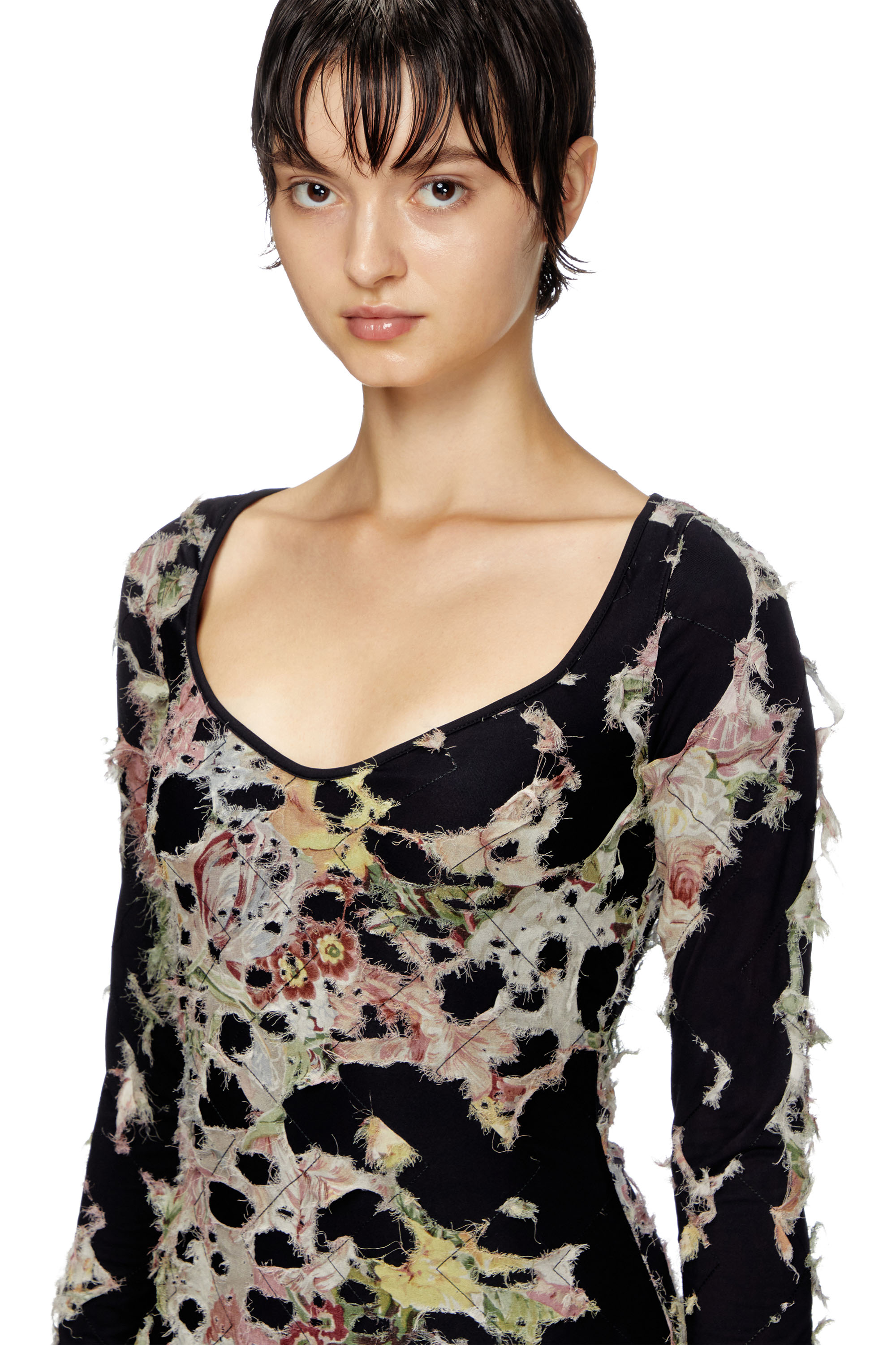 Diesel - D-FLOCI, Female's Burnout mini dress in floral viscose in ブラック - 4