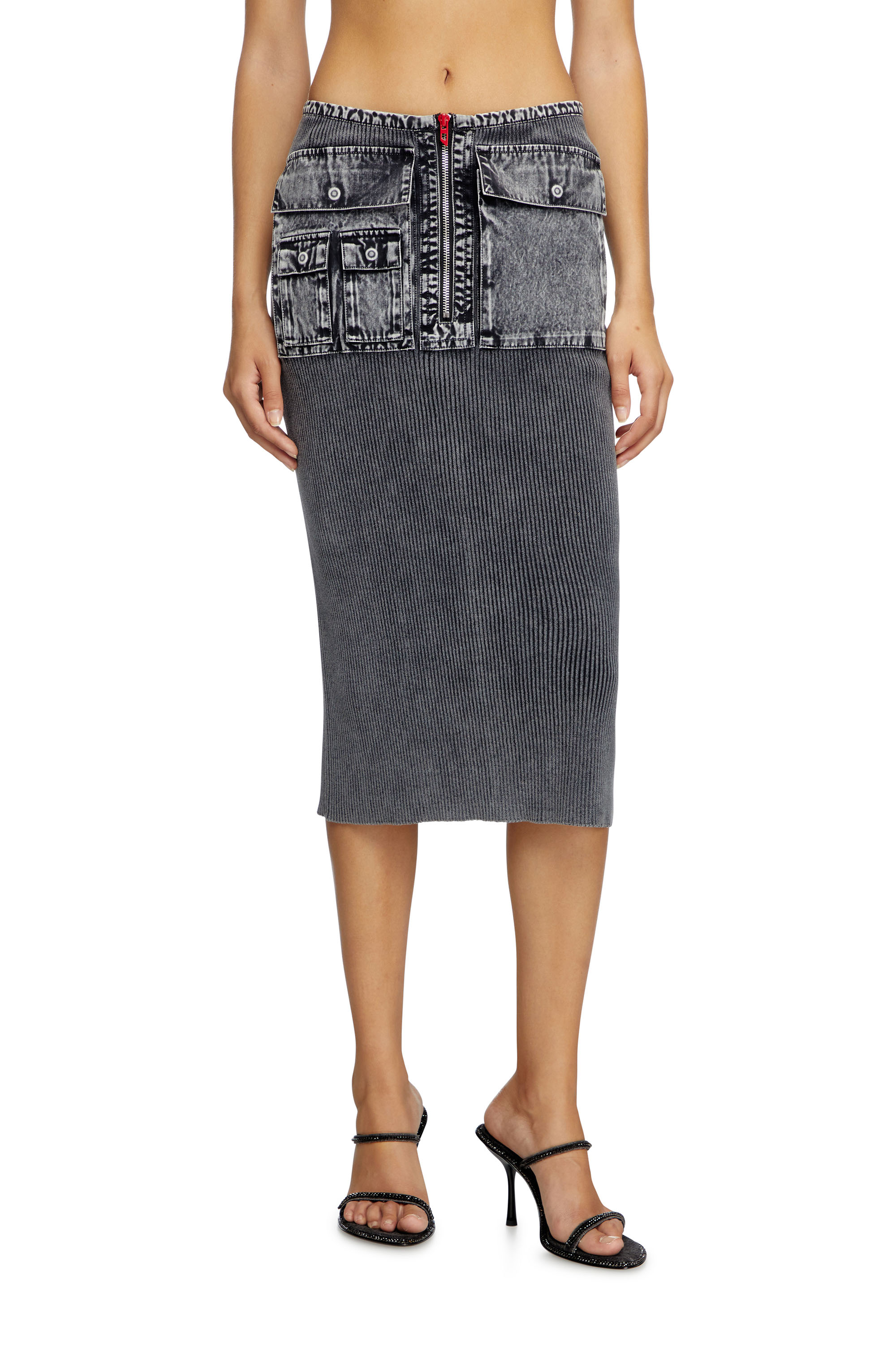 Diesel - M-MERYN, Female's Knit midi skirt with denim cargo pockets in ダークグレー - 1